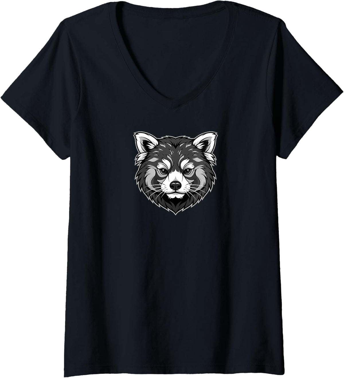 Women's Detailed Red Panda Head Vector Illustration V-Neck T-Shirt - Black