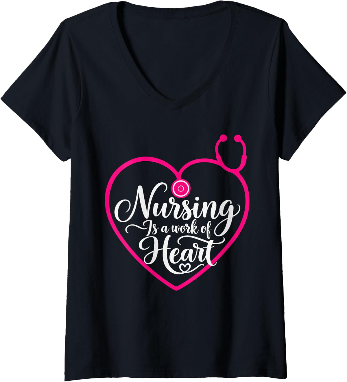 Women's Nursing is A Work of Heart Stethoscope Healthcare RN V-Neck T-Shirt - Black