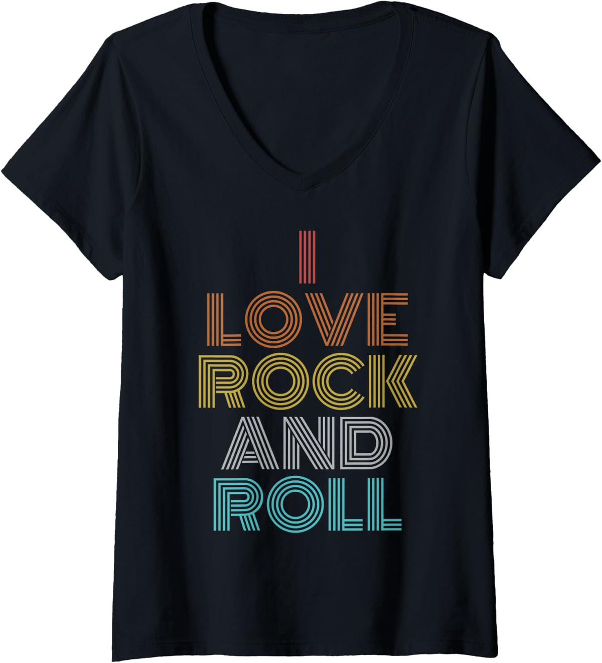 Womens Retro Vintage I Love Rock and Roll V-Neck T-Shirt - Black