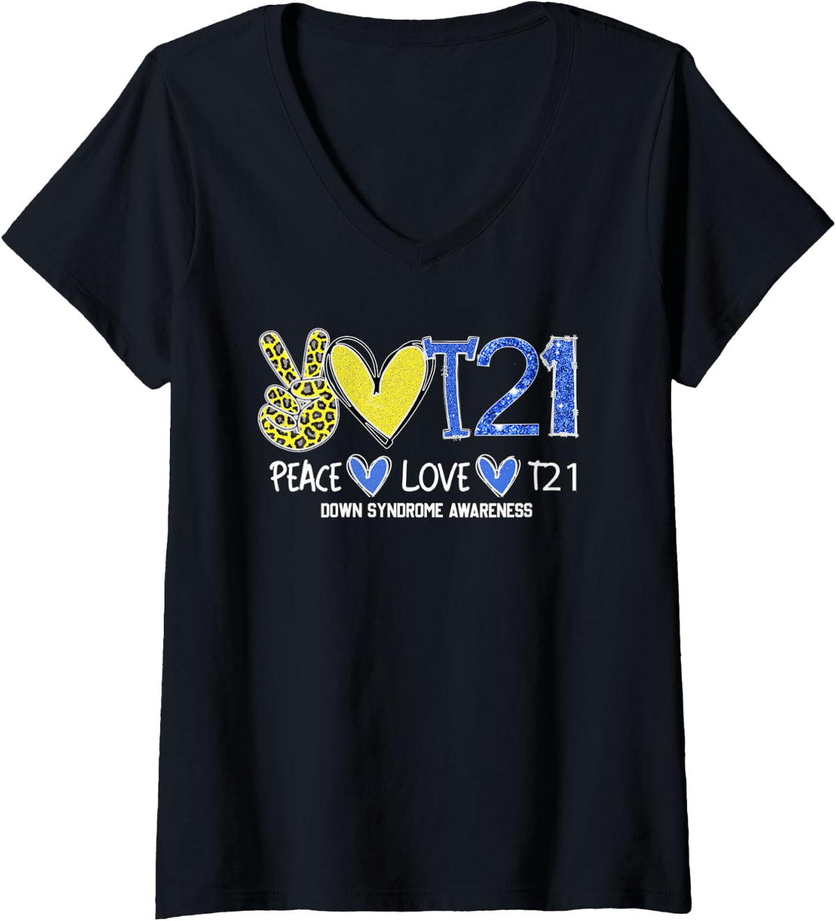 Womens Peace Love T21 Blue Yellow Ribbon Down Syndrome Awareness V-Neck T-Shirt - Black