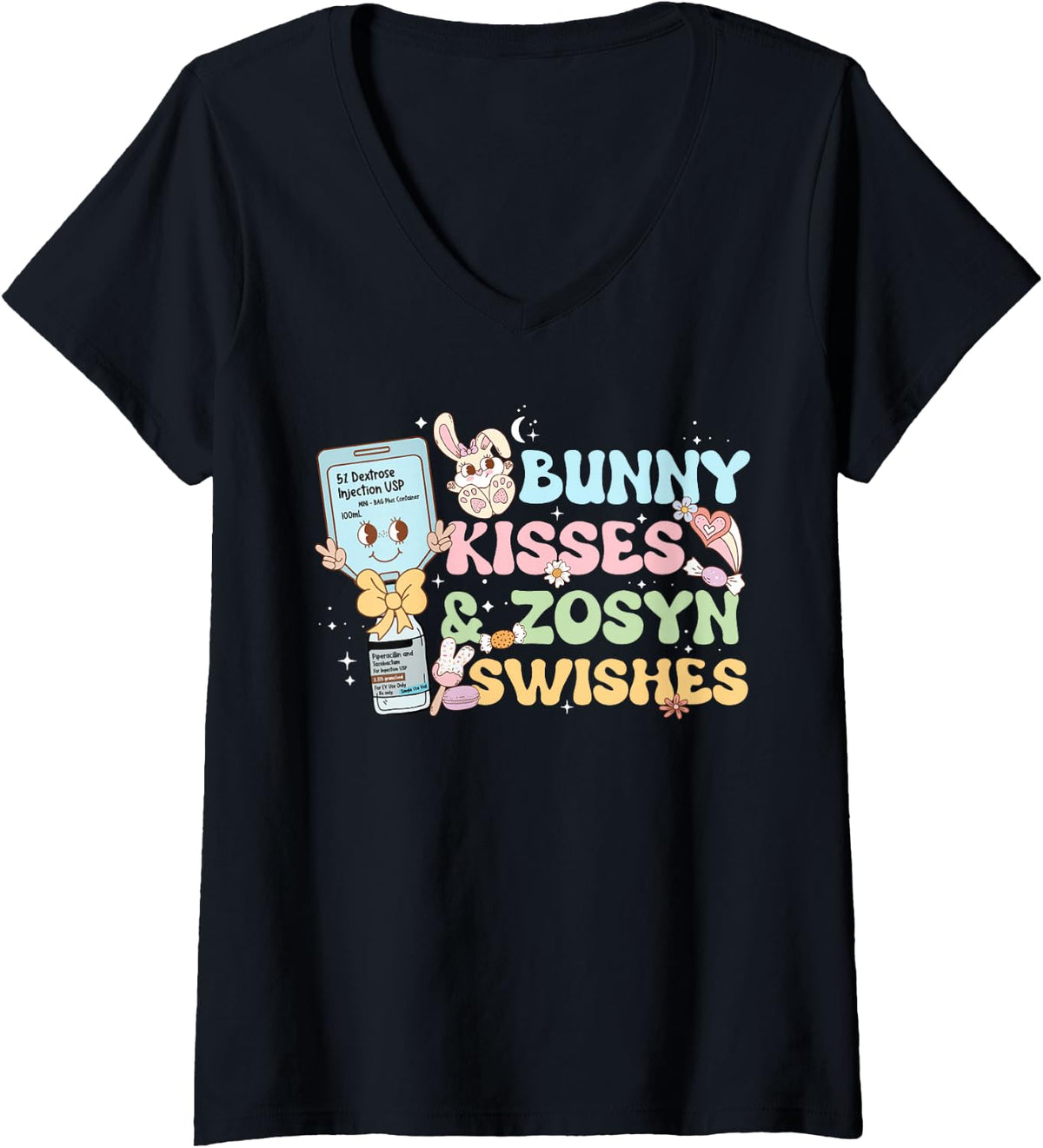 Women's Bunny Kiss Zosyn Swishes Nurse RN LPN CNA Healthcare Easter V-Neck T-Shirt - Black