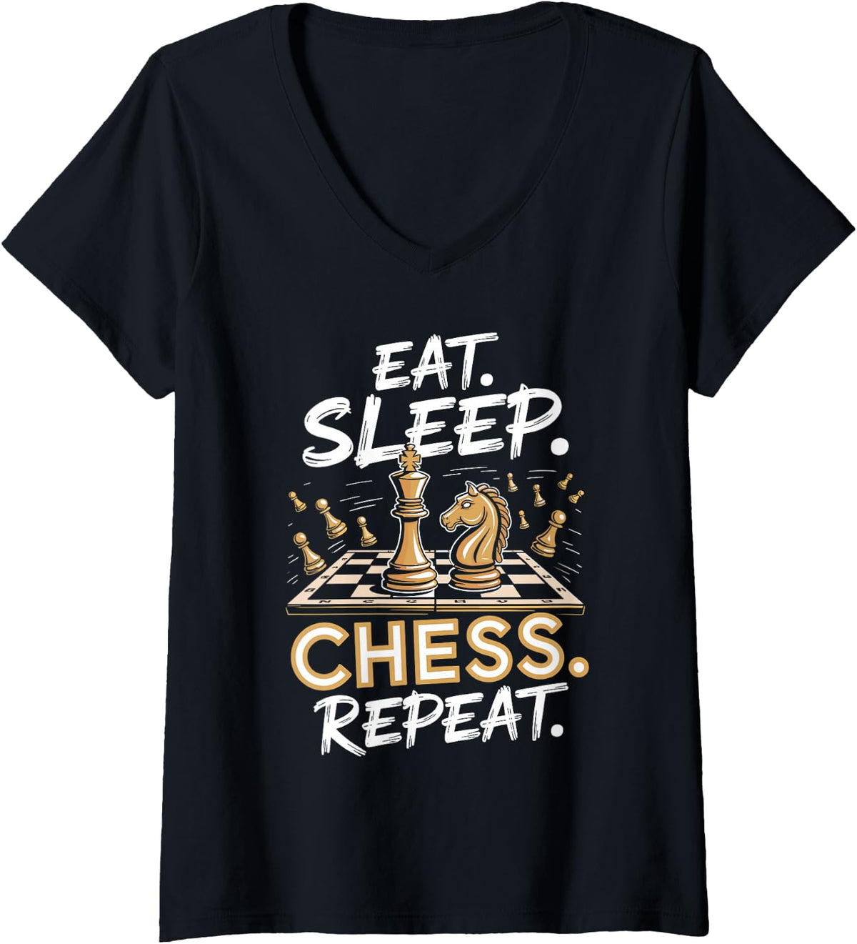 Women's Eat Sleep Chess Repeat Chess Player Checkmate Strategy V-Neck T-Shirt - Black