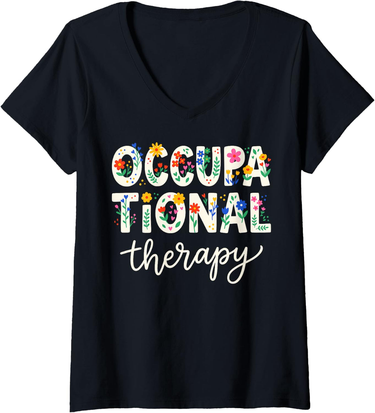 Women's Occupational Therapy Pediatric Therapist OT Floral Cute OTA V-Neck T-Shirt - Black