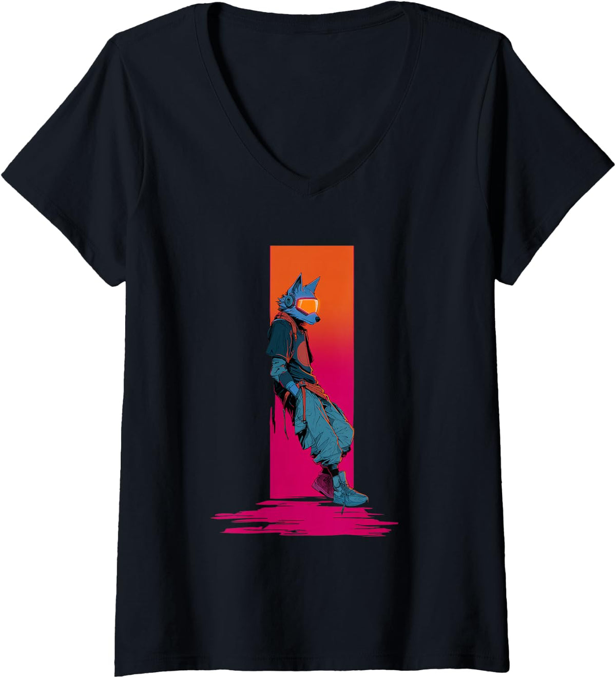 Women's Cyberpunk Wolf Anthro Character Techwear Anime V-Neck T-Shirt - Black