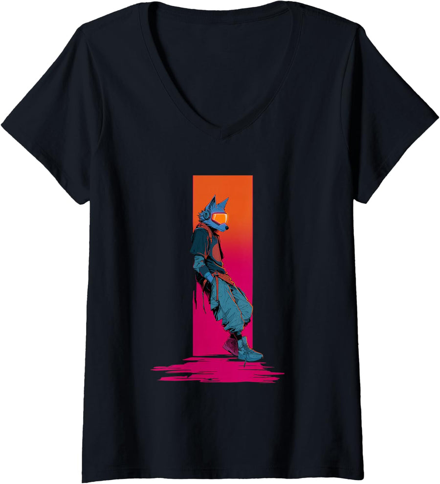Women's Cyberpunk Wolf Anthro Character Techwear Anime V-Neck T-Shirt - Black