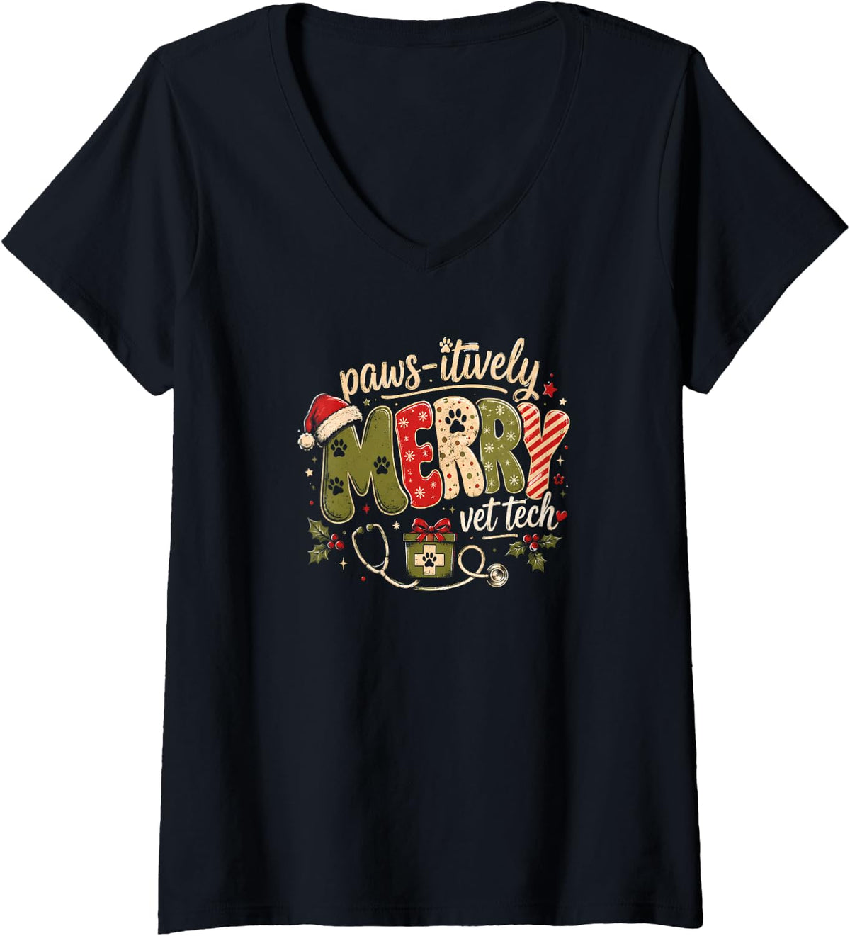 Women's Vet Tech Christmas V-Neck T-Shirt - Black