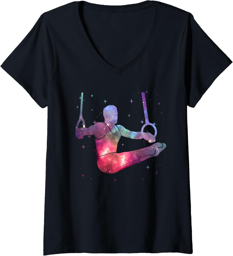 Women's Gymnastics Rings Kids Boys Space Gymnast V-Neck T-Shirt - Black