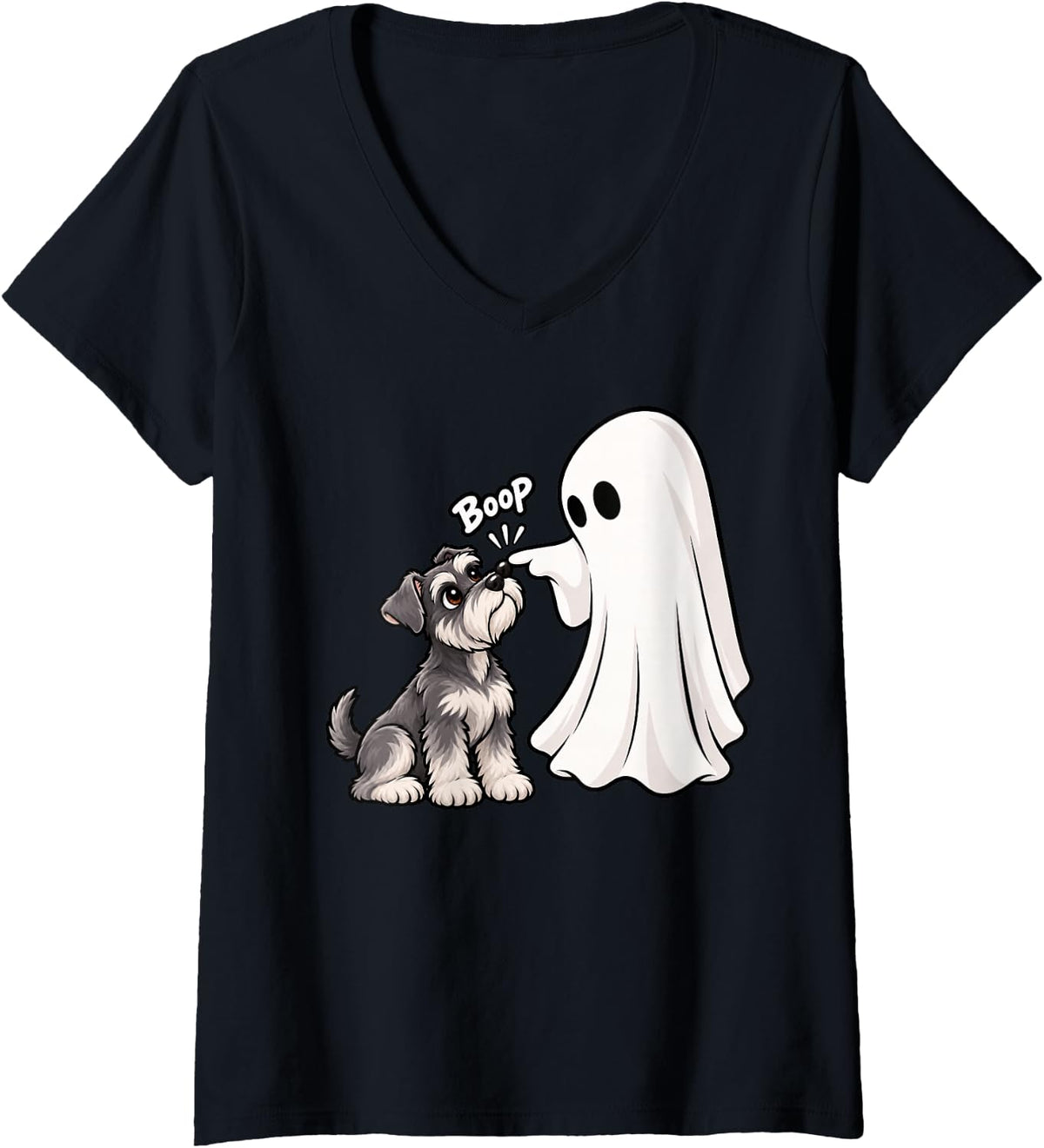 Women's Funny Ghost Miniature Schnauzer Boop Halloween Dog Lover V-Neck T-Shirt - Black