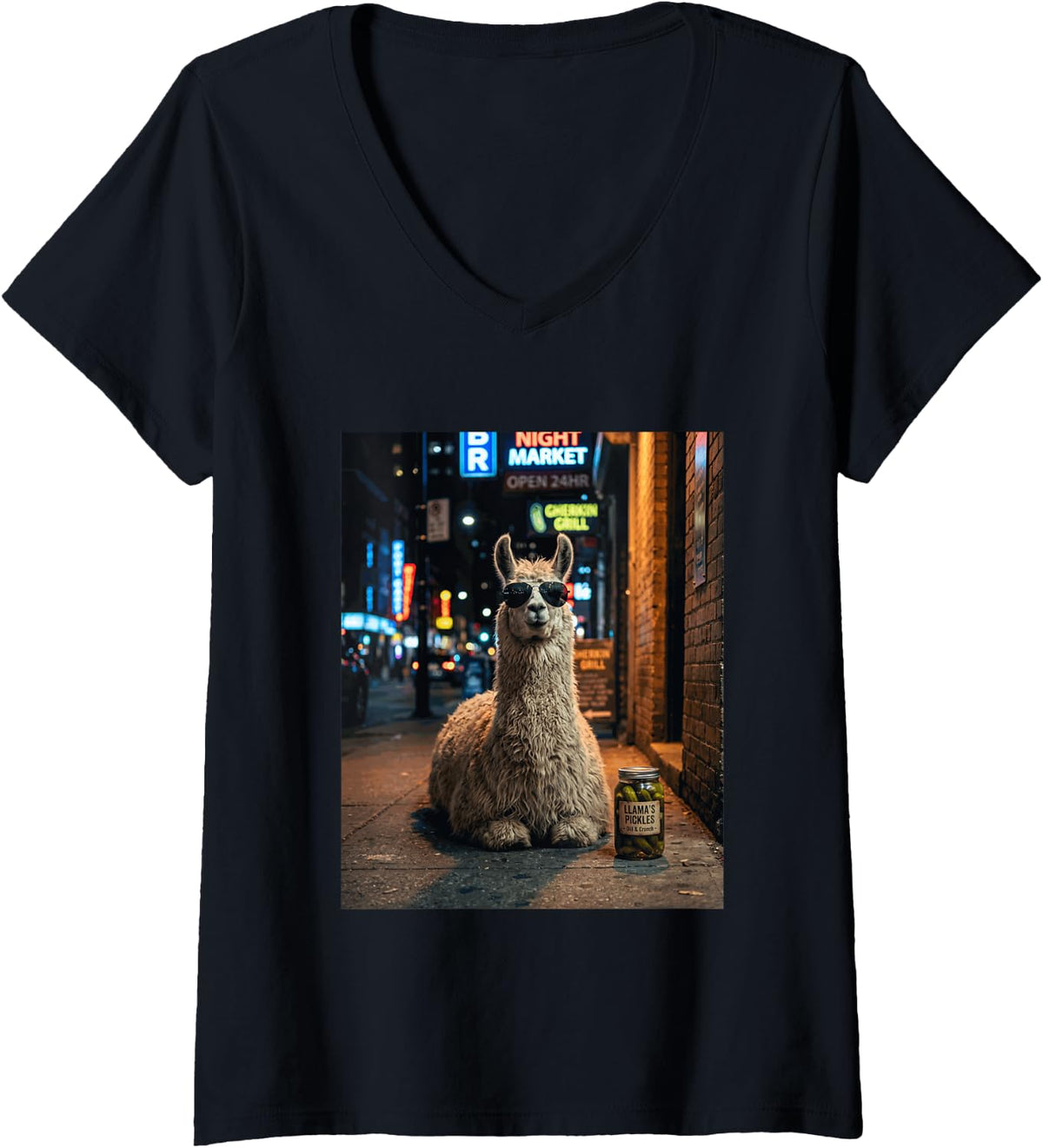 Women's Funny Llama Eating Pickles Meme Men Women V-Neck T-Shirt - Black