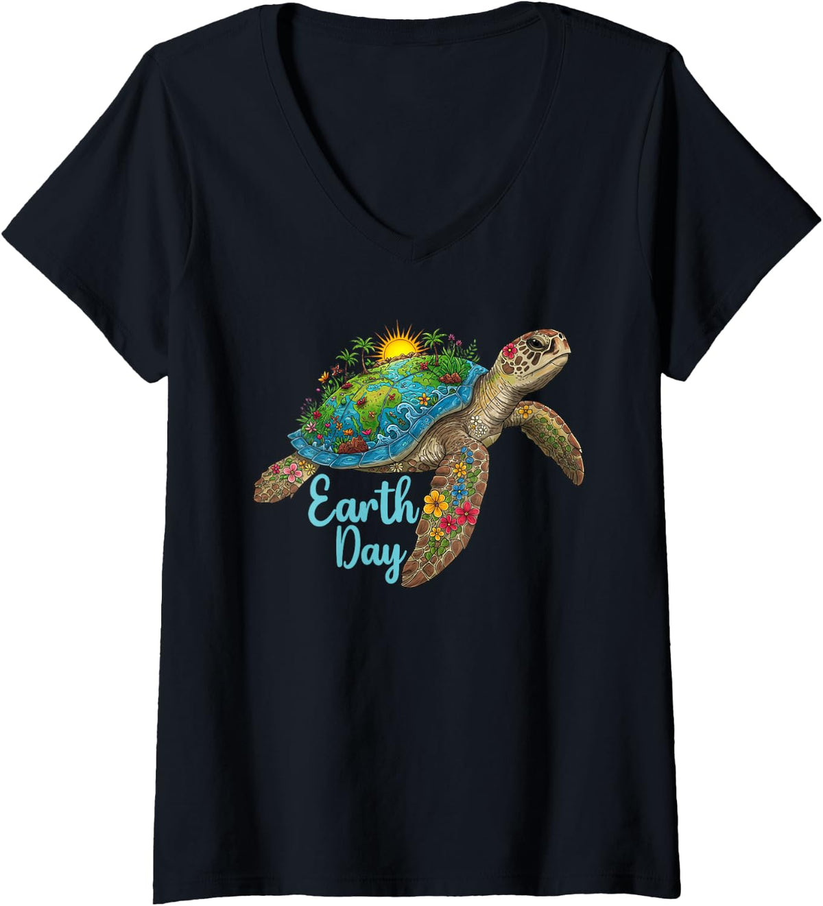 Womens Sea Turtle Earth Day Save The Earth Planet Women Men V-Neck T-Shirt - Black