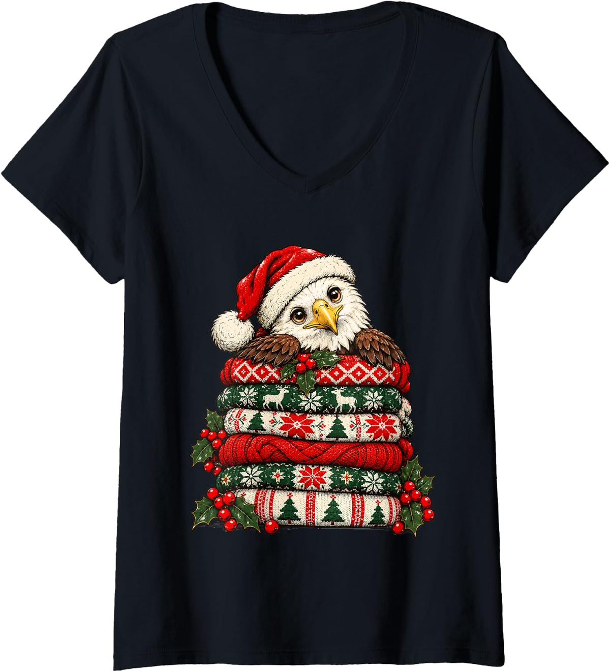 Women's Cozy Christmas Bald Eagle and Festive Sweaters Holly Berries V-Neck T-Shirt - Black
