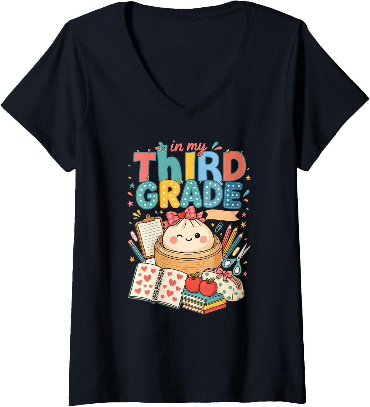 Women's in My Third Grade Kid 3rd Grader Cute Dumpling School Girl V-Neck T-Shirt - Black