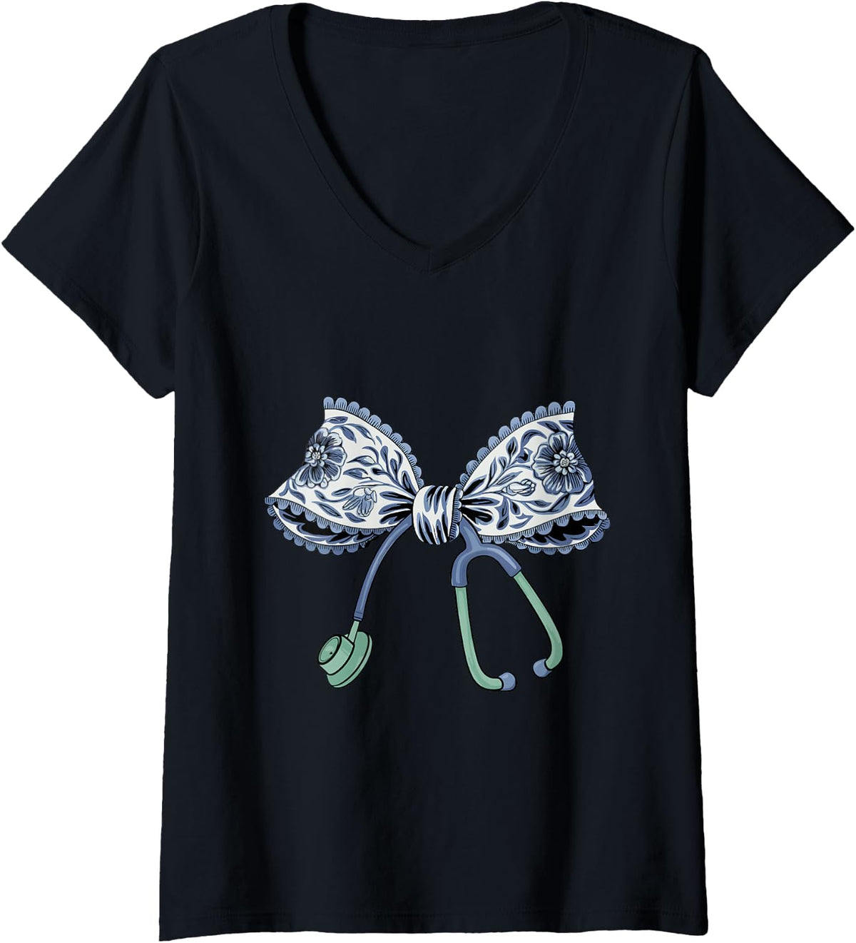 Women's Cute Floral Blue Coquette Bow Stethoscope Nurse Doctor Women V-Neck T-Shirt - Black