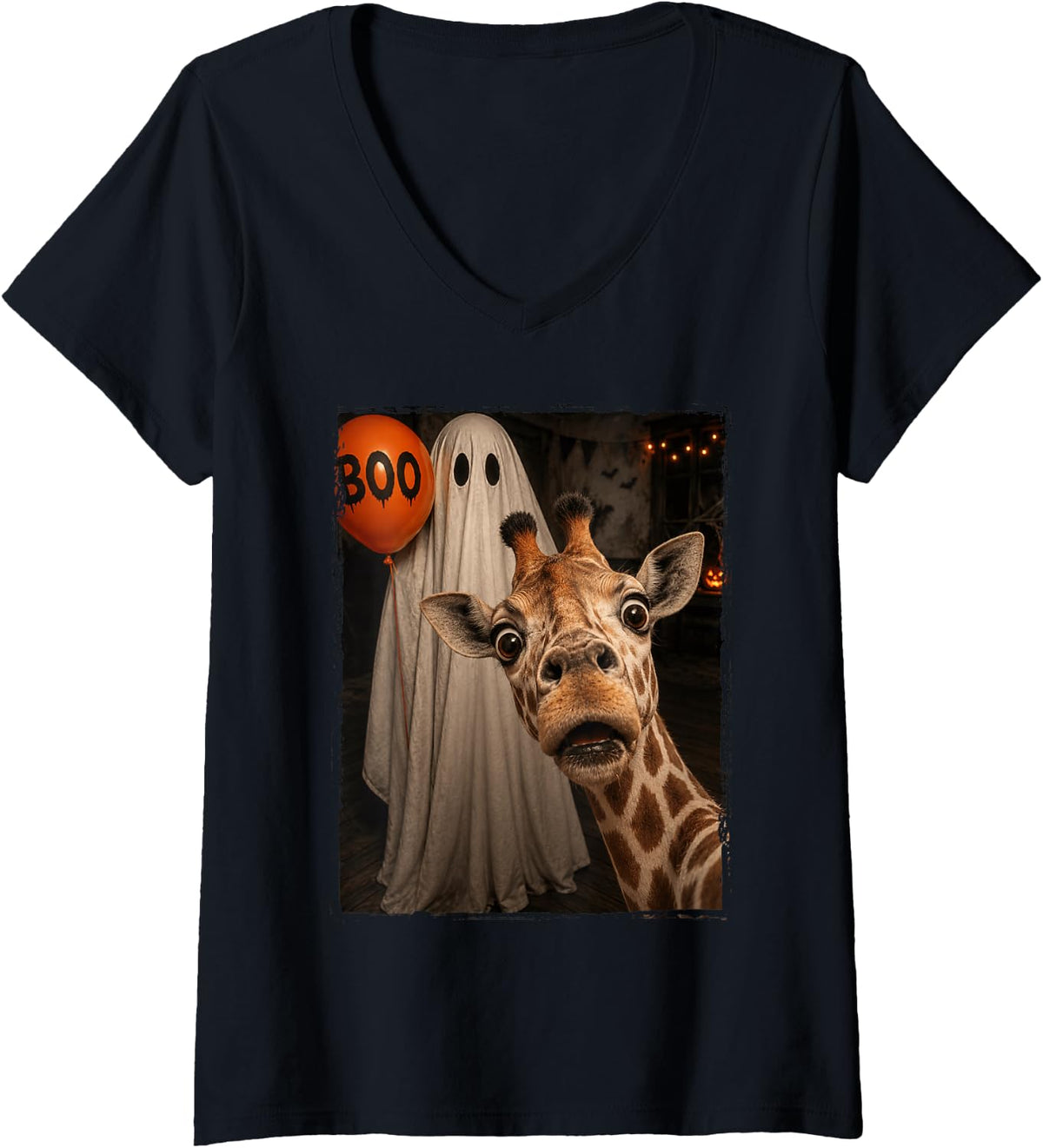 Women's Funny Giraffe Halloween Selfie Ghost Boo Balloon Zoo Kids V-Neck T-Shirt - Black