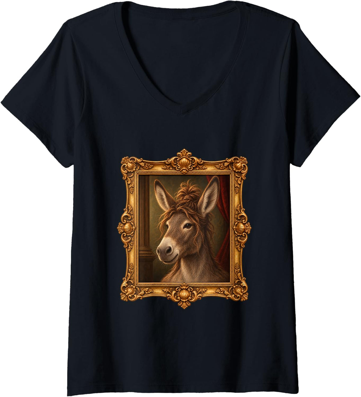 Women's Donkey Messy Top Knot Funny Animal Portrait V-Neck T-Shirt - Black