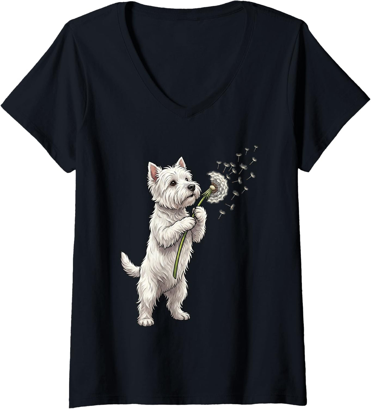 Women's West Highland White Terrier Dandelion Art Dog Wildflower V-Neck T-Shirt - Black