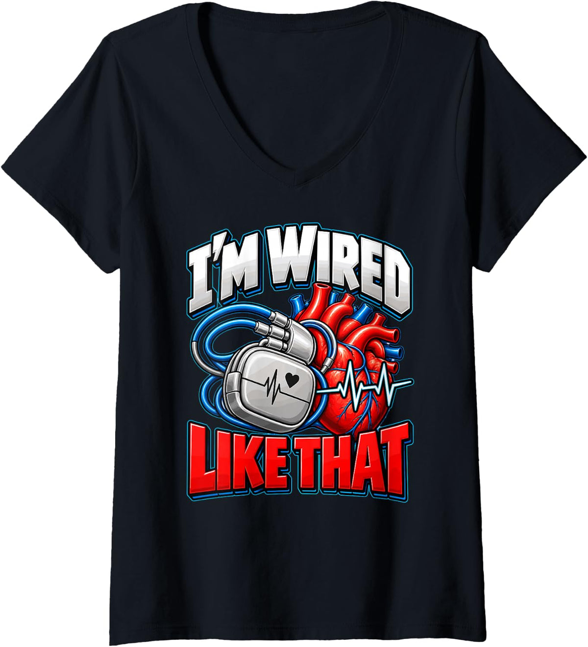 Women's I'm Wired Icd Device Cardiology Cardiac Pacemaker V-Neck T-Shirt - Black