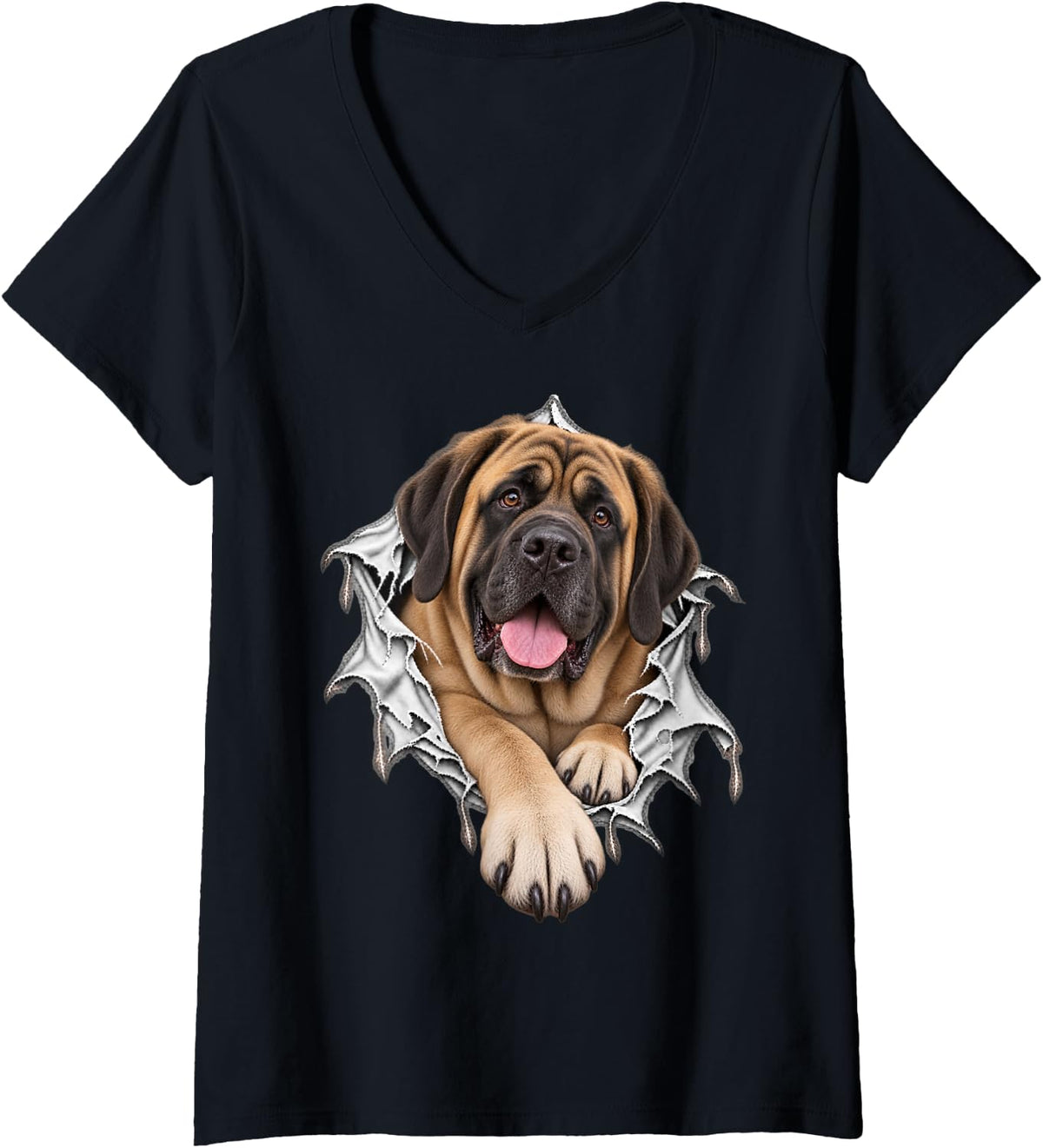 Women's Cute Mastiff Dog Stepping Out from Ripped Design V-Neck T-Shirt - Black