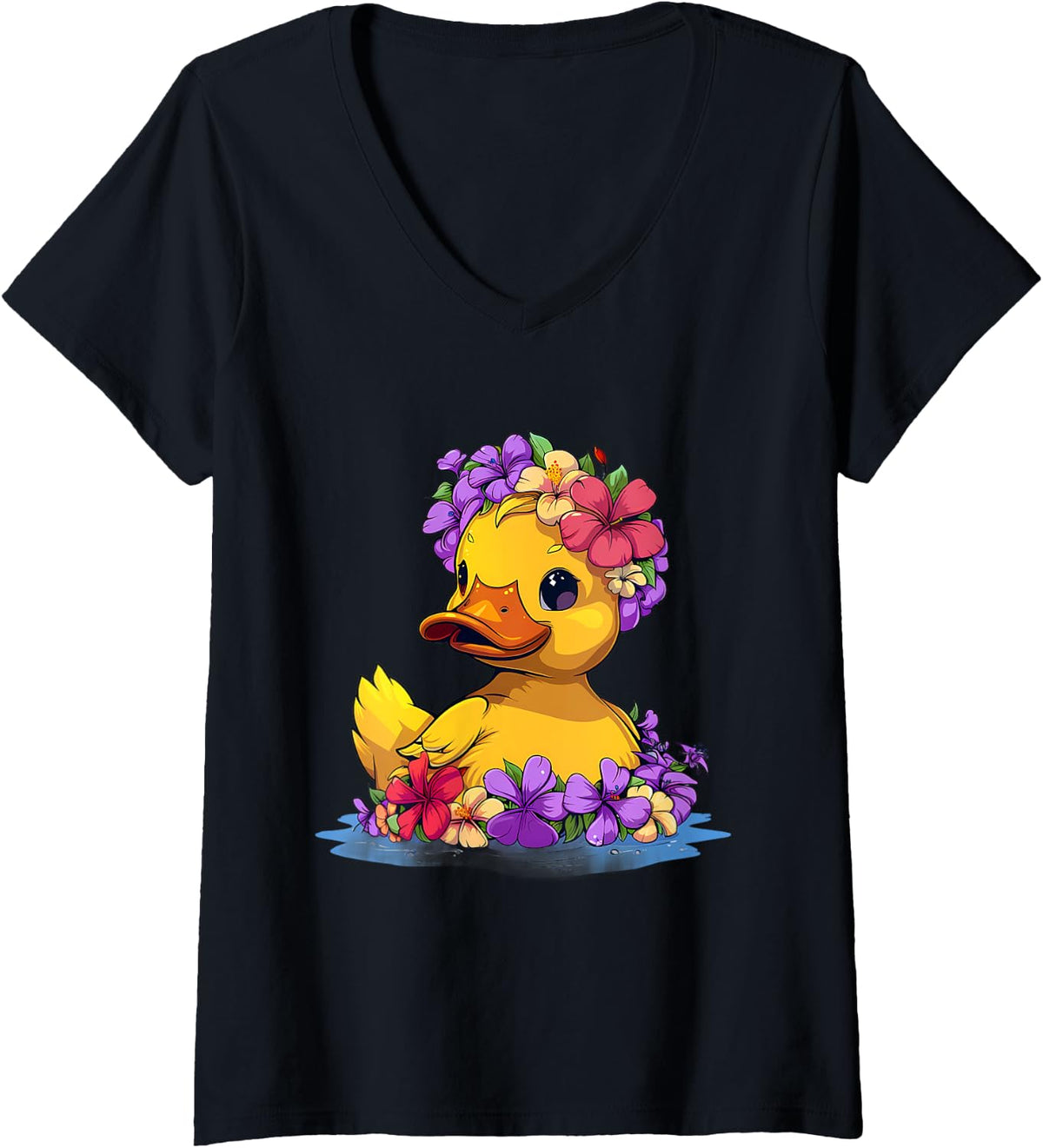 Womens Rubber Duck Floral Hawaiian Rubber Duck Lover Hawaii V-Neck T-Shirt - Black