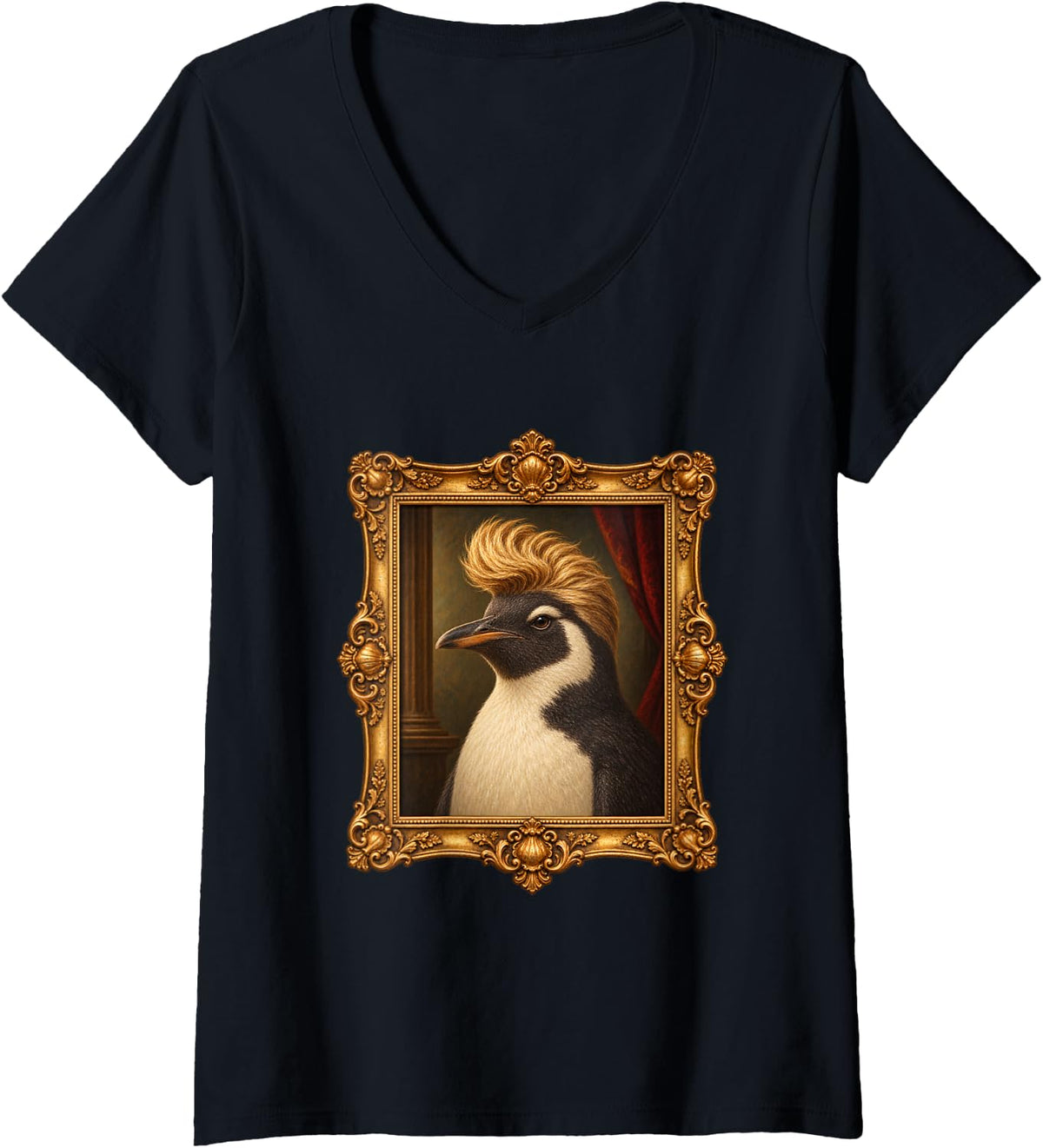 Women's Penguin Blonde Quiff Funny Animal Portrait V-Neck T-Shirt - Black