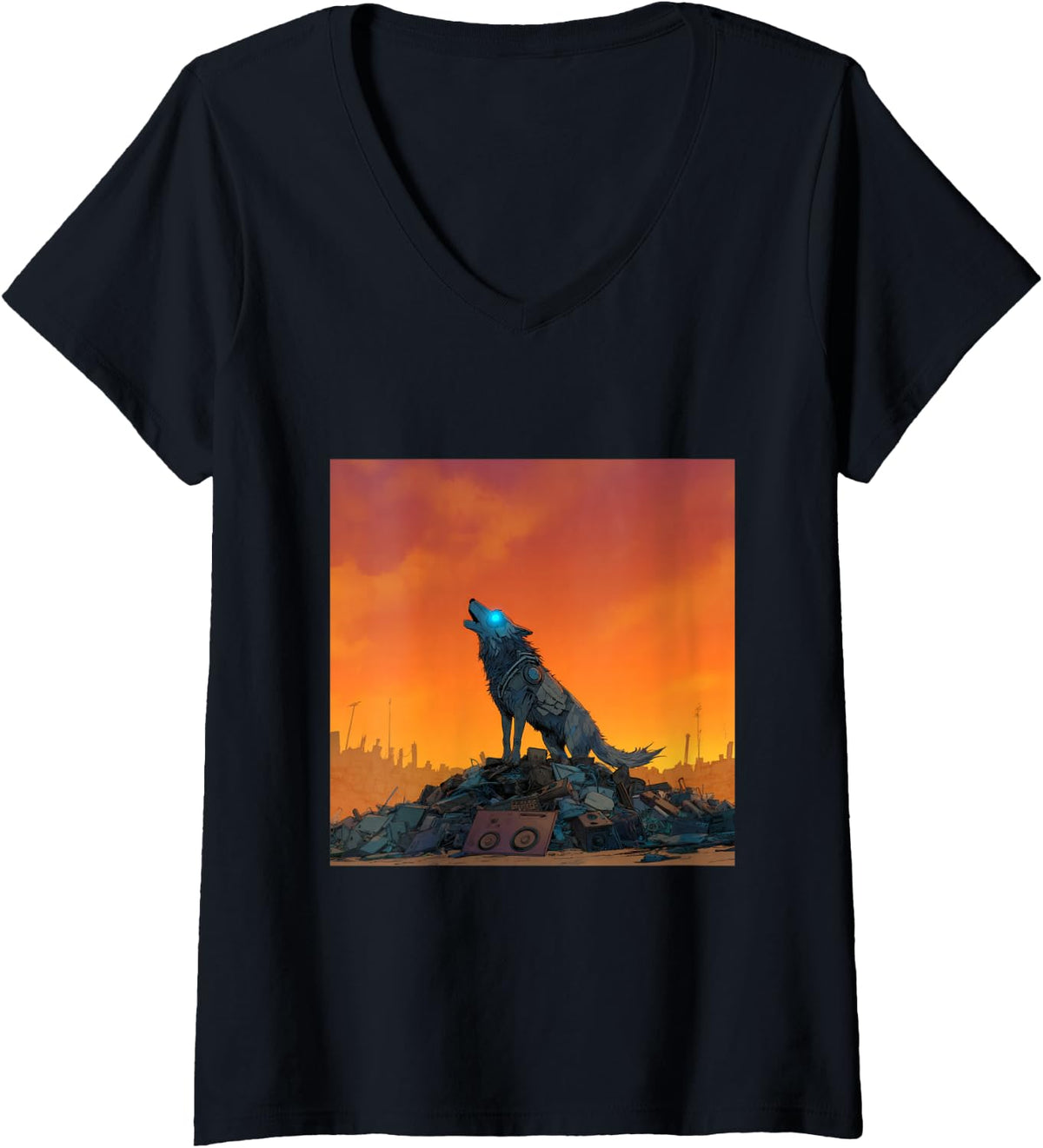 Women's Cyberpunk Wolf Howling Wasteland Apocalypse V-Neck T-Shirt - Black