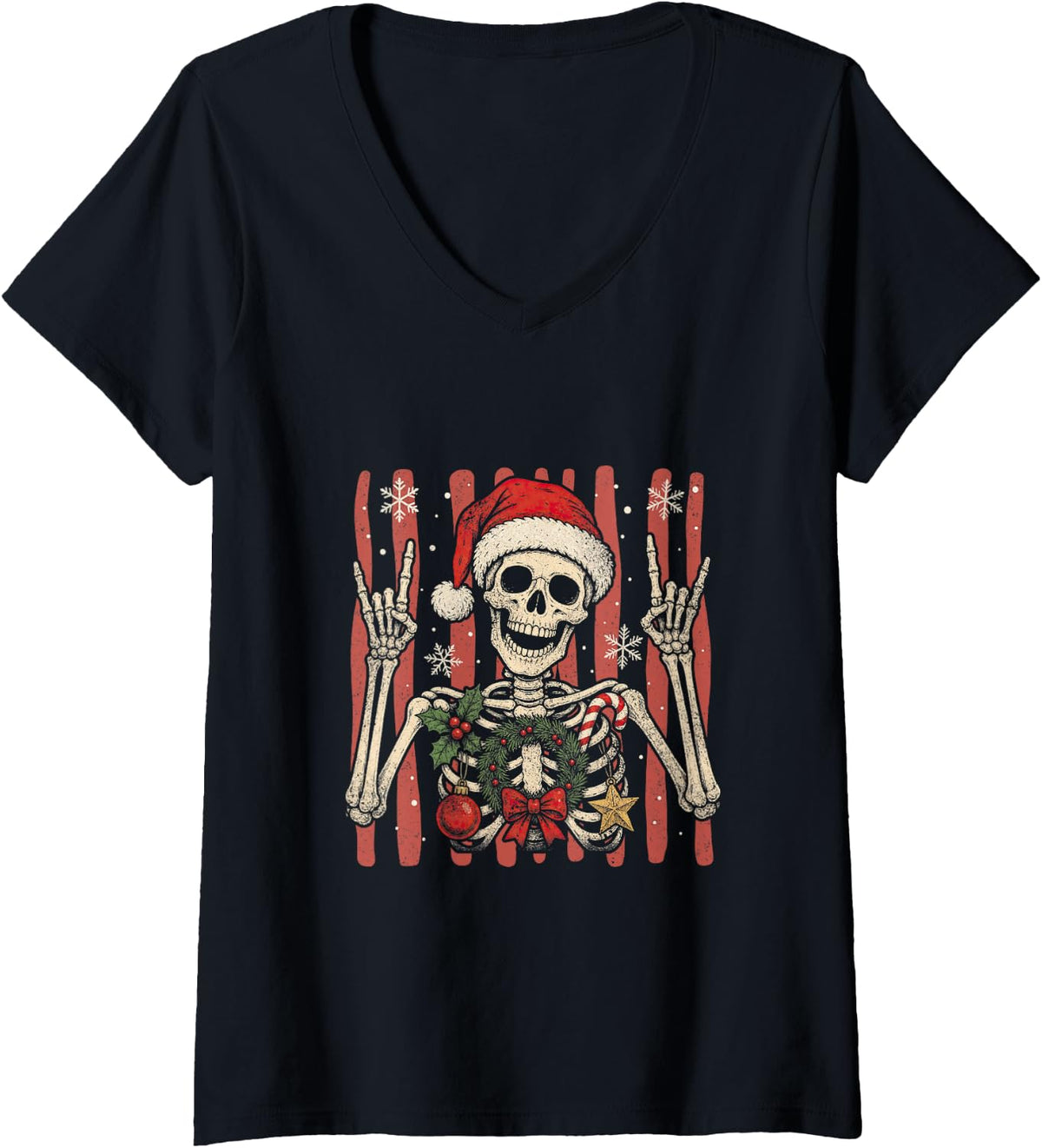 Women's Stripe Punk Rock Christmas Skeleton Santa Hat Xmas Skull Bow V-Neck T-Shirt - Black