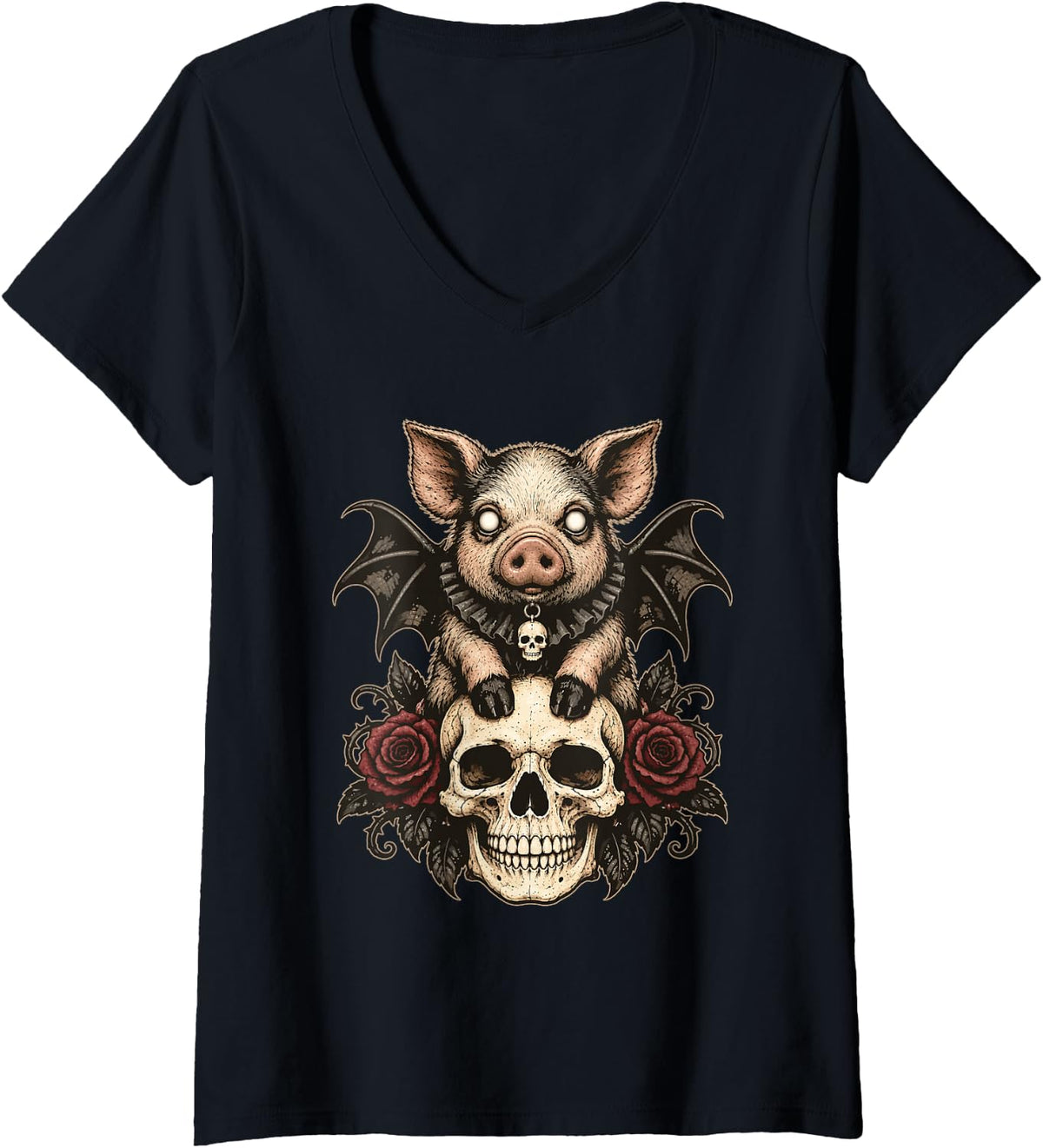 Women's Pig with Bat Wings Floral Gothic Skull Halloween Animal V-Neck T-Shirt - Black