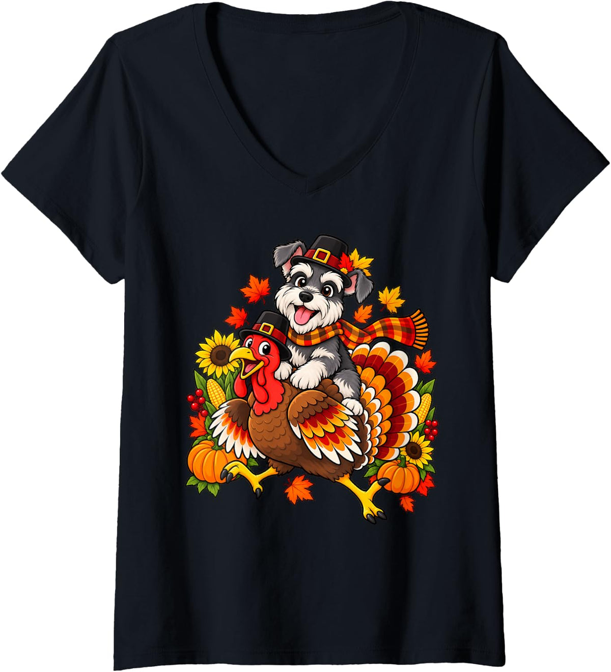 Women's Pilgrim Miniature Schnauzer Dog Riding Turkey Thanksgiving V-Neck T-Shirt - Black