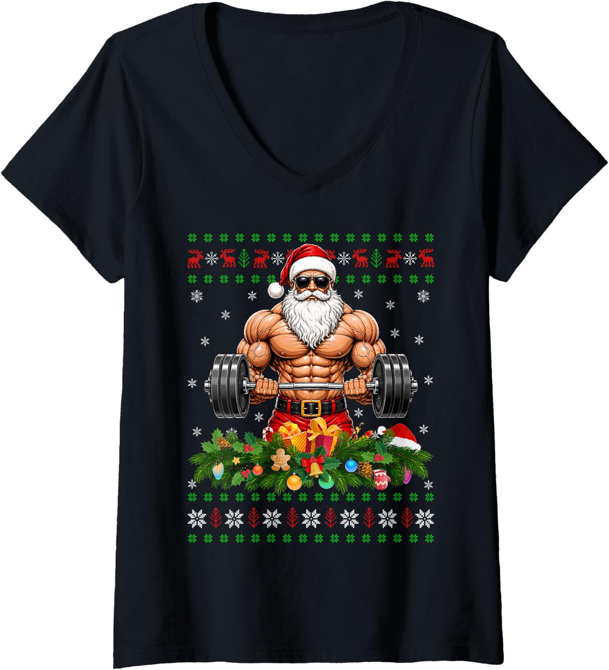 Women's Merry Buff Santa Xmas Fitness Bodybuilder V-Neck T-Shirt - Black
