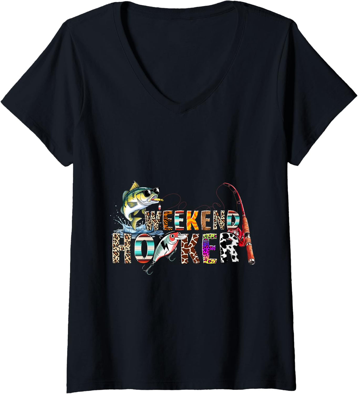 Women's Bass Fishing Angler Adventure Vintage Outdoor Weekend Hooker V-Neck T-Shirt - Black