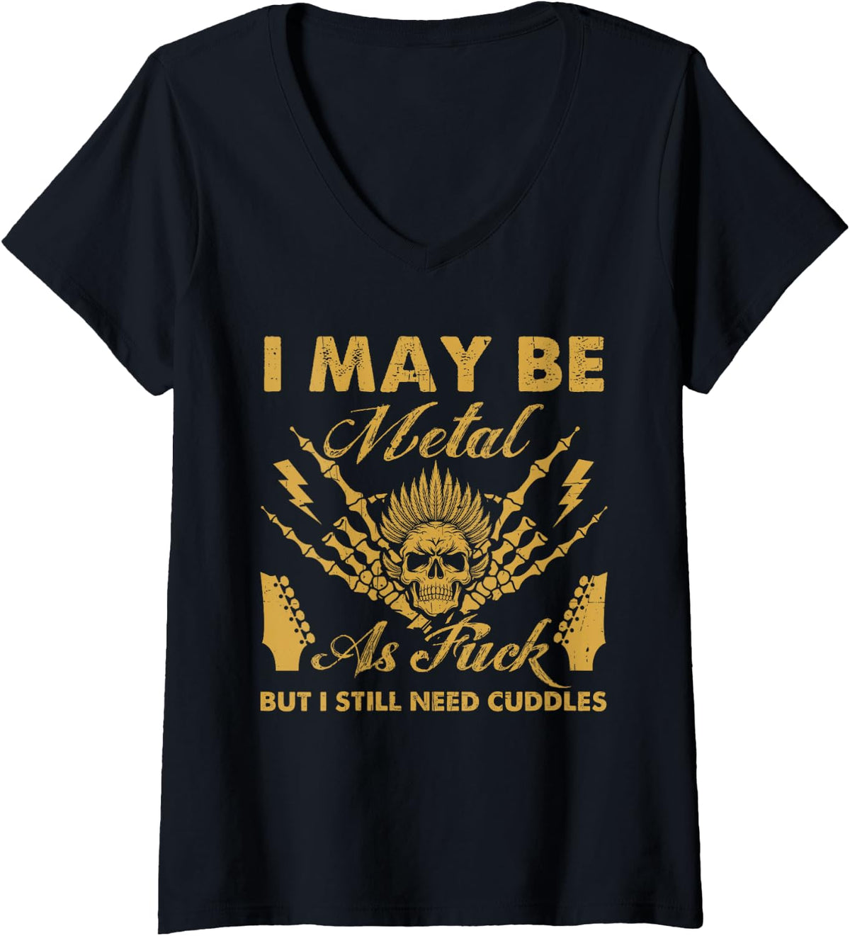 Women's Heavy Metal Cuddles Funny Metalhead Rock Music Humor V-Neck T-Shirt - Black