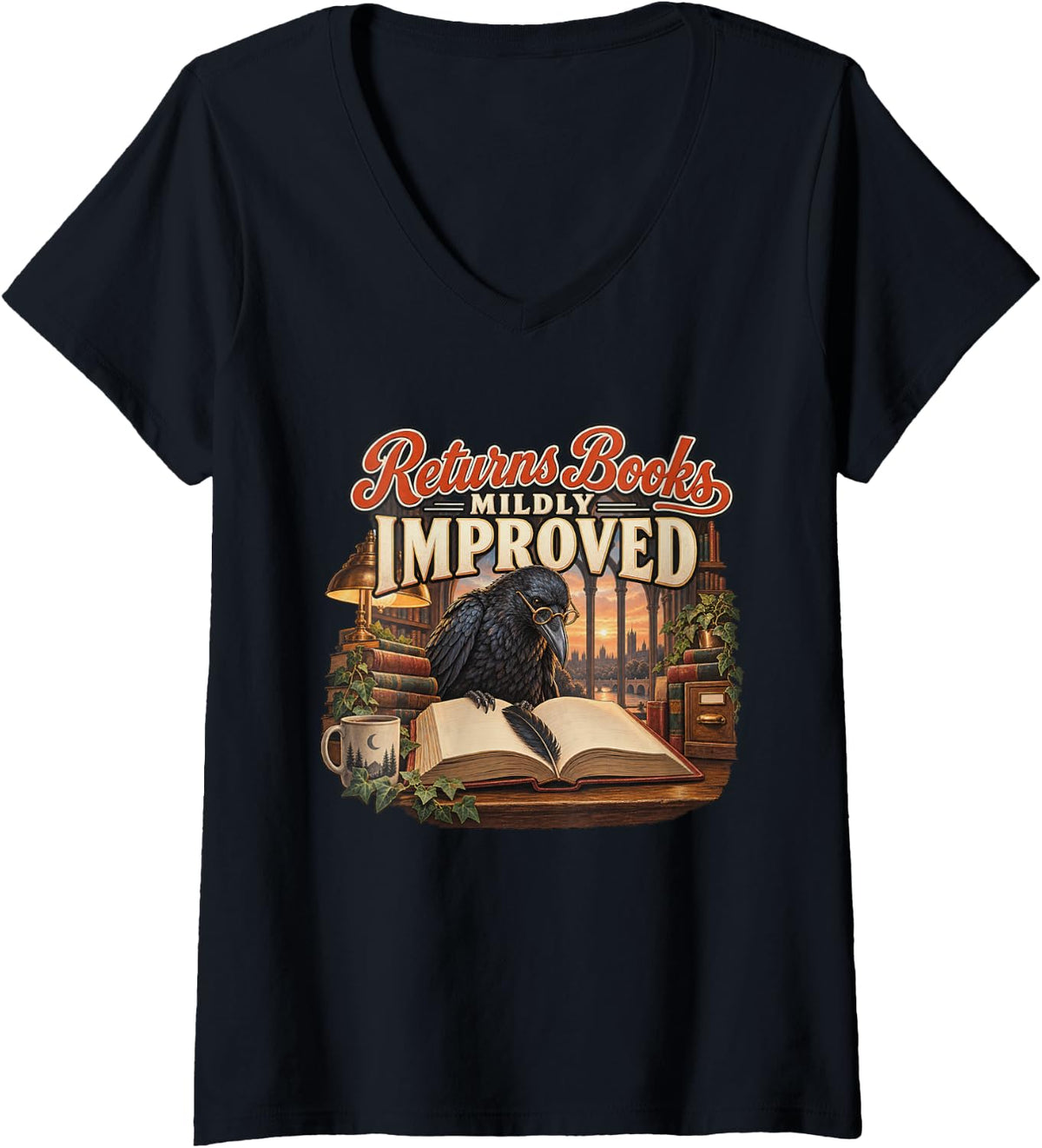 Women's Returns Books Mildly Improved Gothic Raven Graphic V-Neck T-Shirt - Black