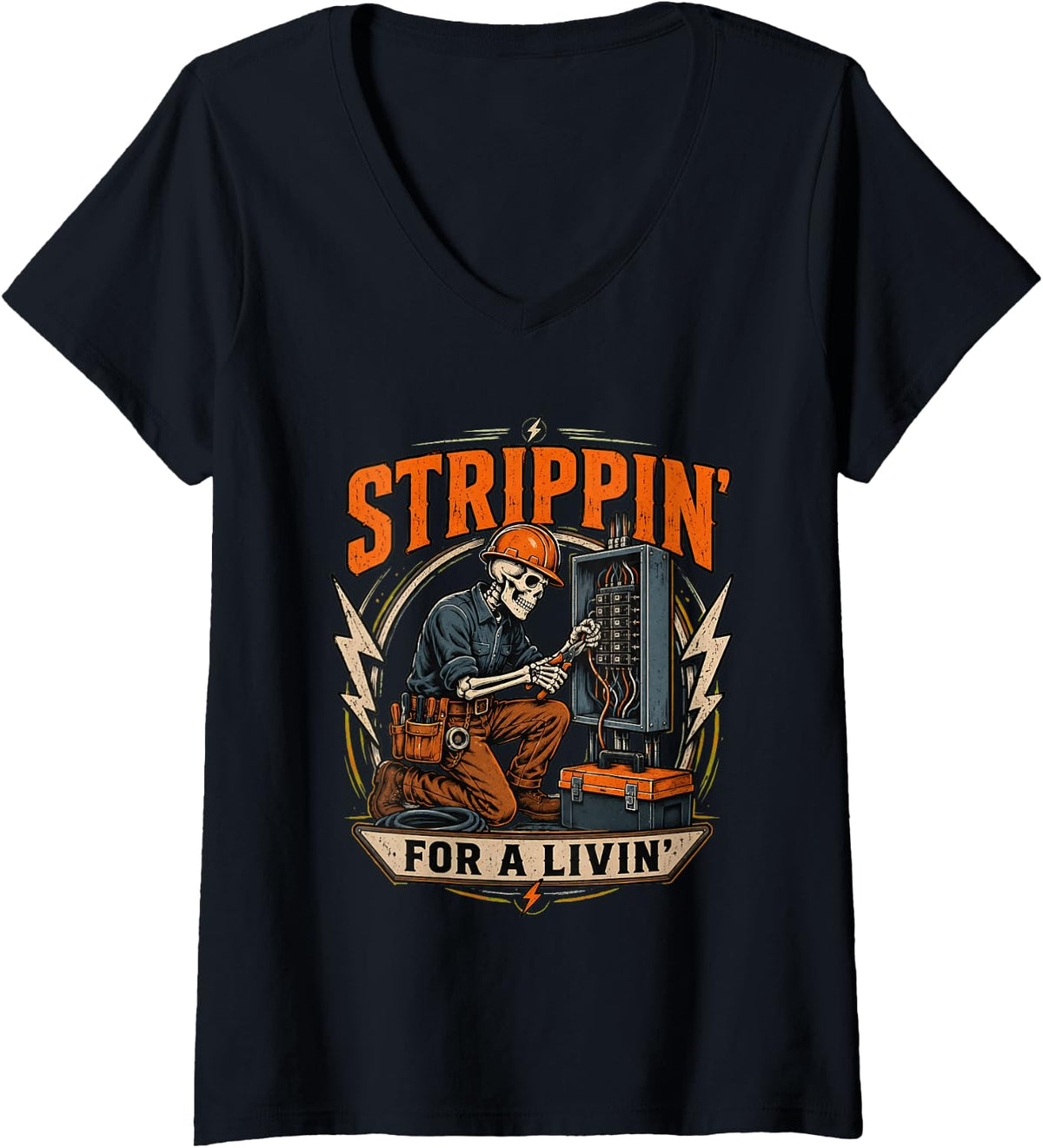 Women's Strippin' for A Livin' Funny Skeleton Electrician V-Neck T-Shirt - Black