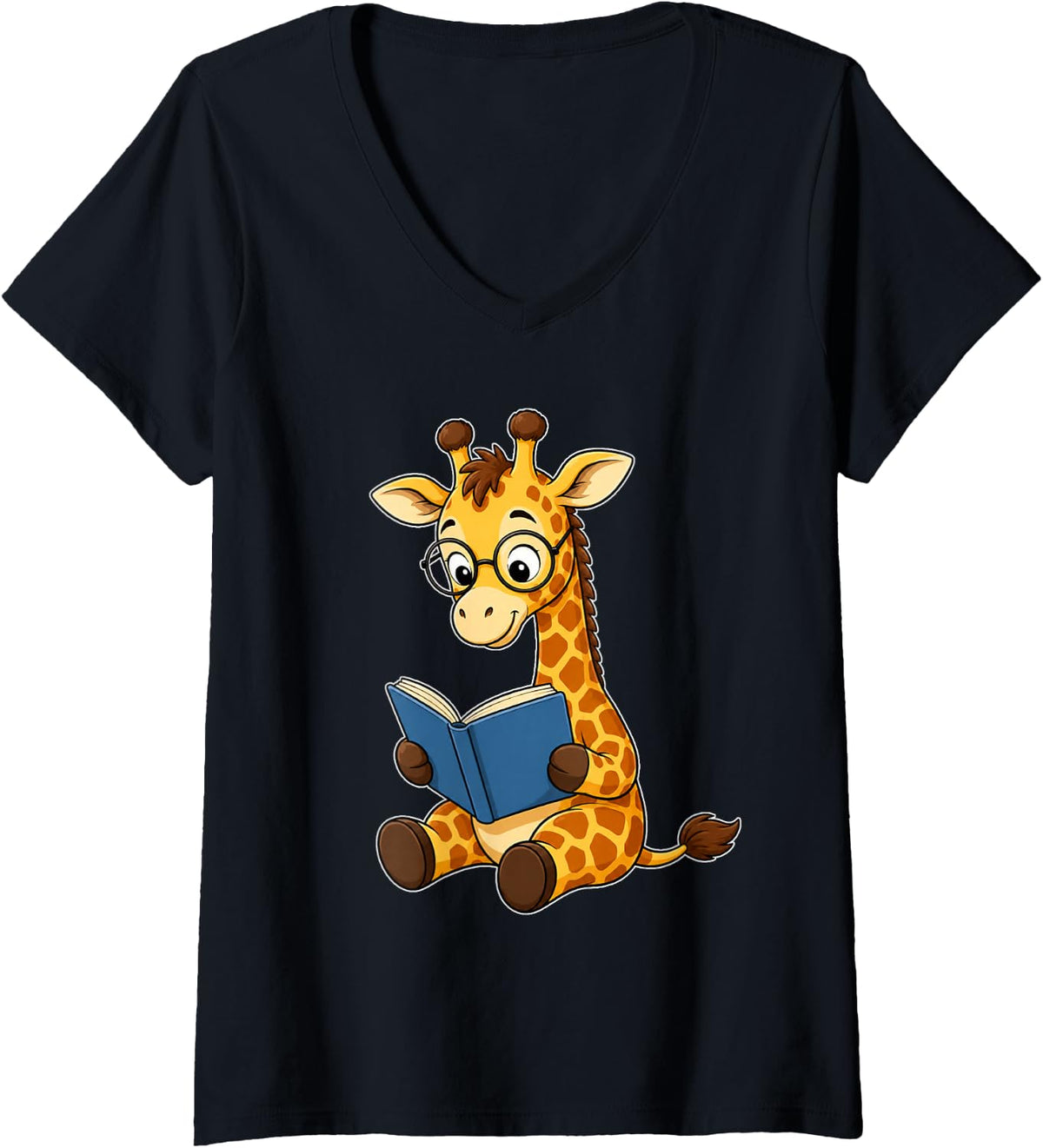 Women's Giraffe Bookworm Reading Book Funny Graphic V-Neck T-Shirt - Black