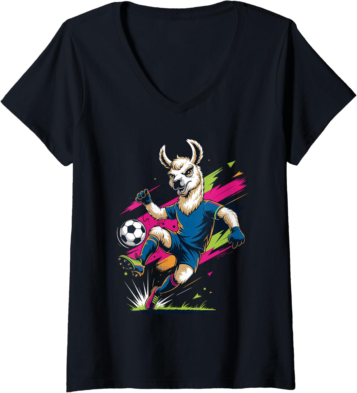 Women's Soccer Llama Pop Arts V-Neck T-Shirt - Black