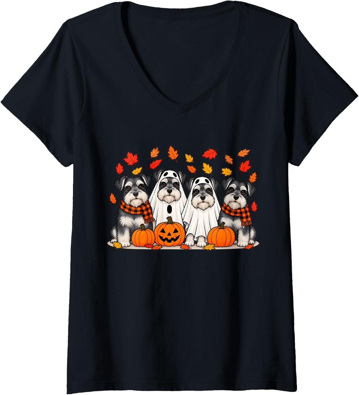 Women's Miniature Schnauzer Ghost Fall Autumn Thanksgiving Halloween V-Neck T-Shirt - Black
