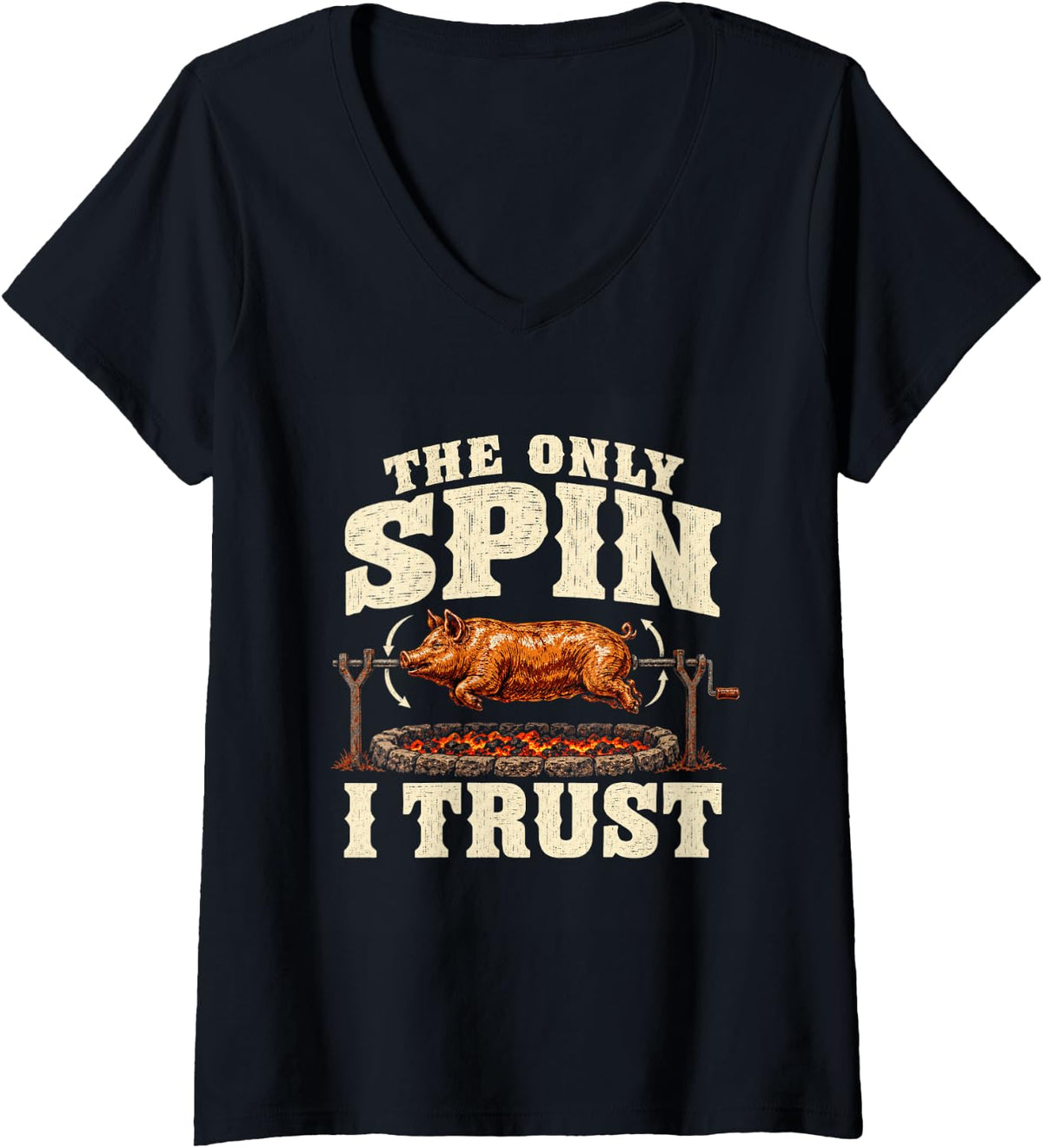 Women's Pig Roast The Only Spin I Trust BBQ Political Satire Humor V-Neck T-Shirt - Black