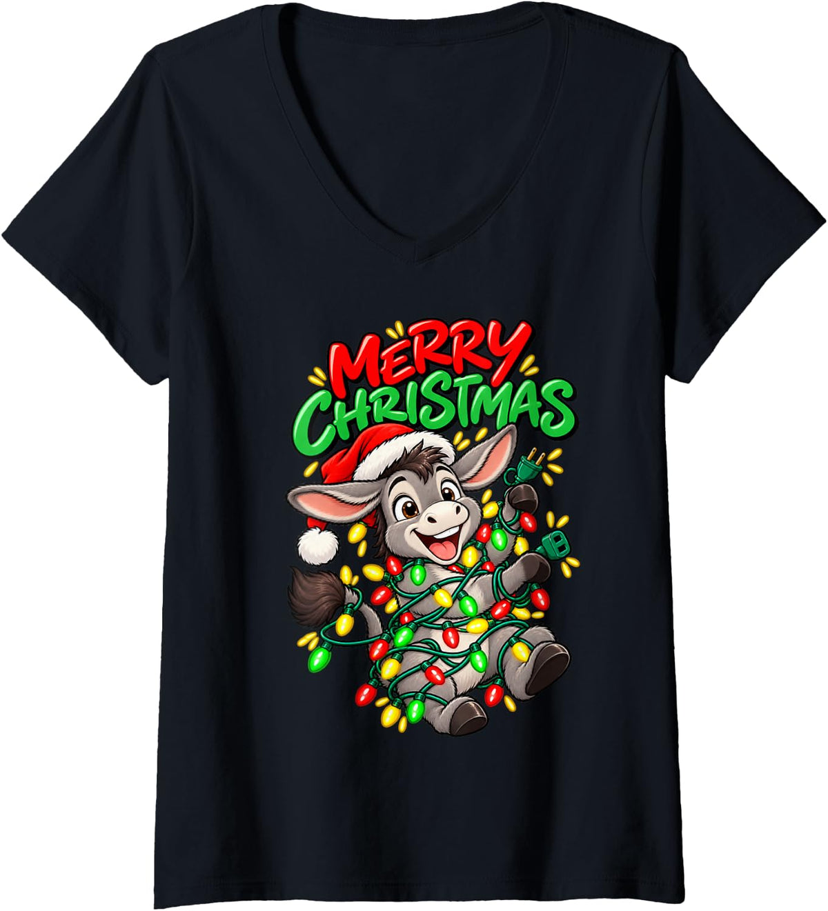 Women's Merry Christmas Happy Donkey Cute Christmas Lights V-Neck T-Shirt - Black