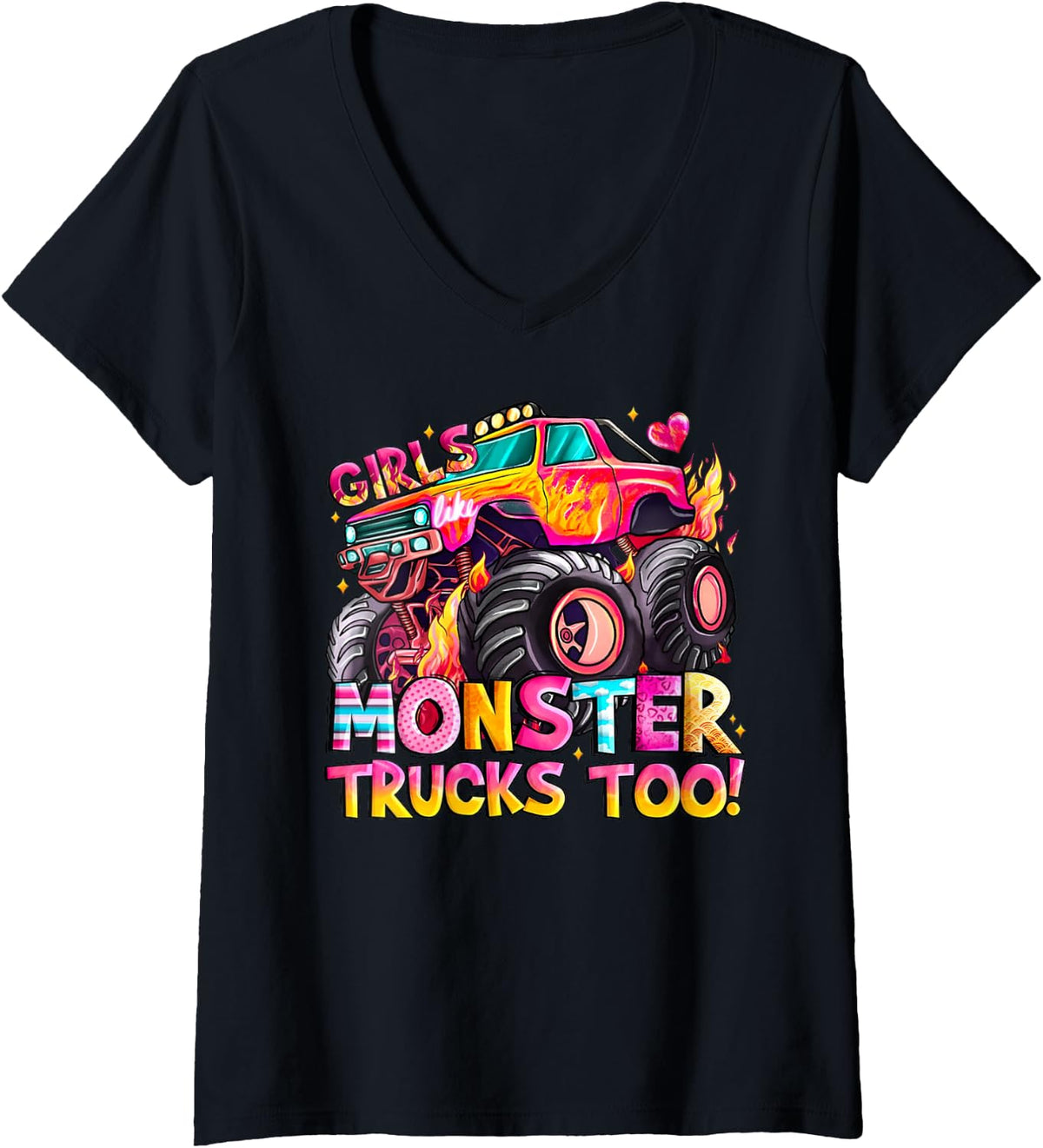 Women's Cute Monster Truck Lover Girls Like Monster Trucks Too Women V-Neck T-Shirt - Black
