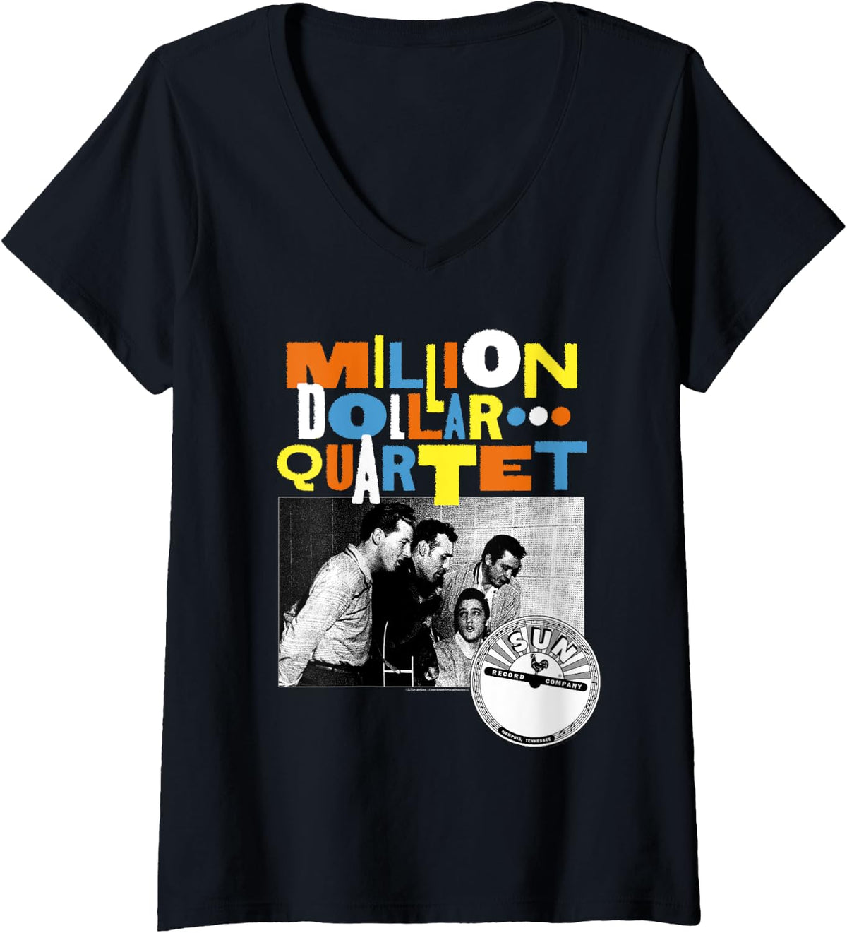 Womens Million Dollar Quartet Multicolor Logo Black and White Photo V-Neck T-Shirt - Black