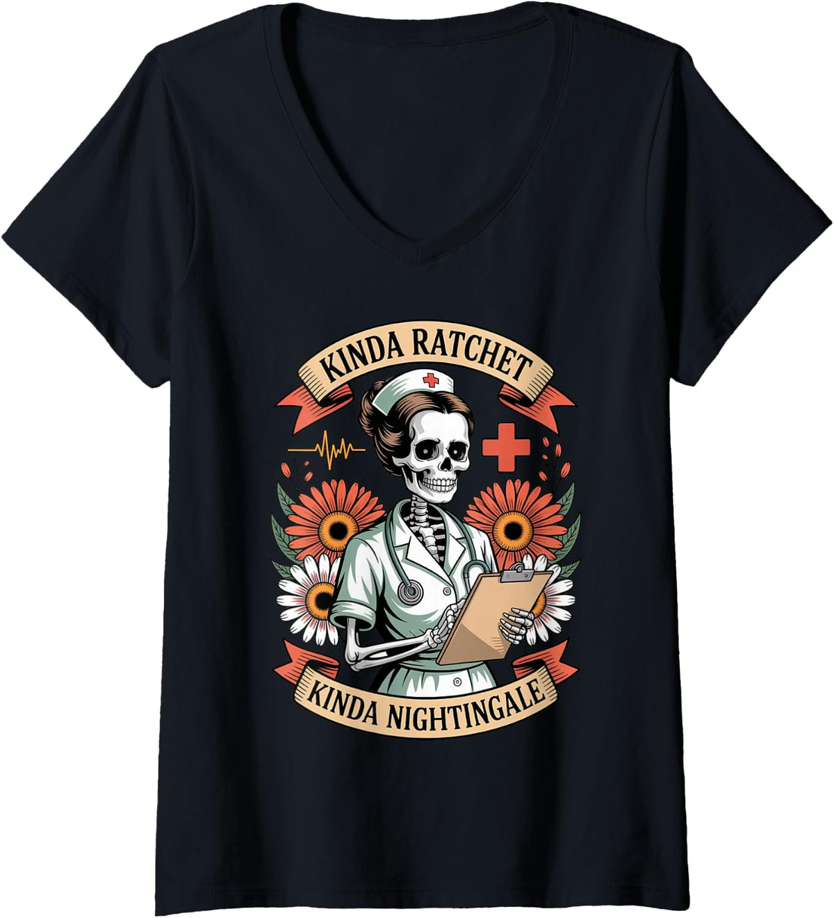 Women's Kinda Ratchet RN Medical Healthcare Night Shift Nurse V-Neck T-Shirt - Black