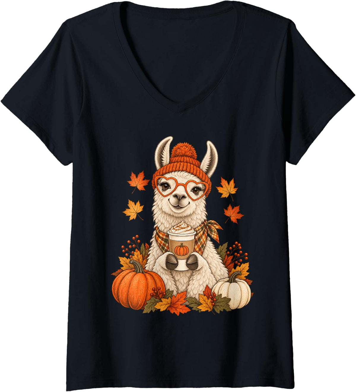 Women's Llama Fall Autumn Season Pumpkin Spice V-Neck T-Shirt - Black