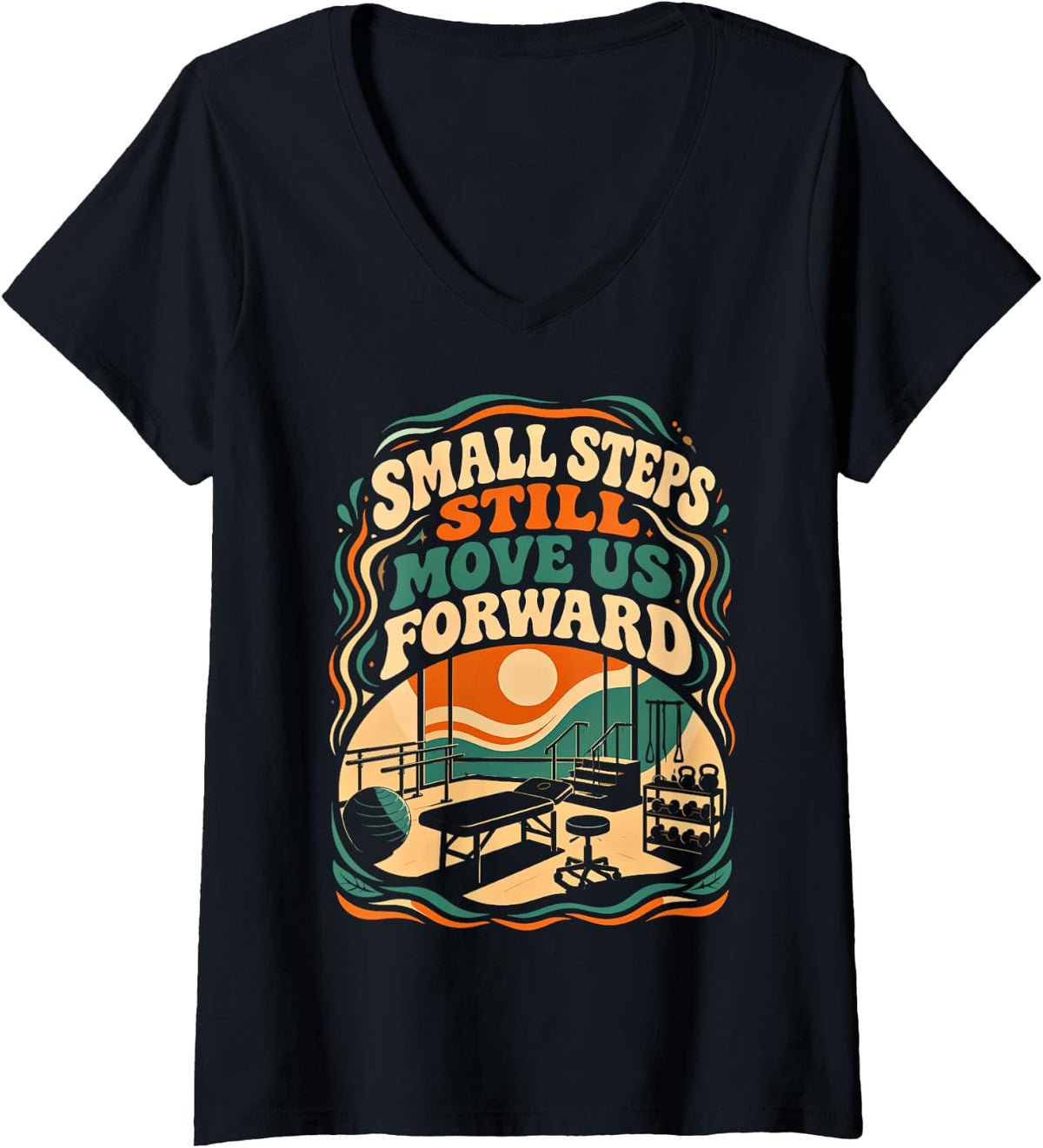 Women's Small Steps Still Move Us Forward PT PTA Physical Therapy V-Neck T-Shirt - Black