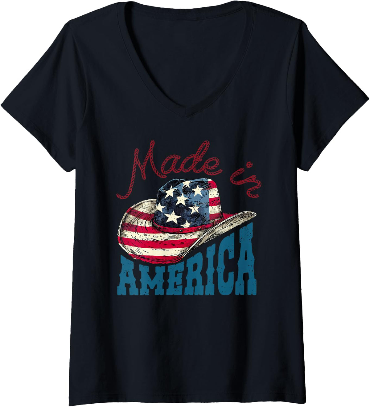 Women's America USA Flag Cowboy Hat 4th of July Patriotic Freedom V-Neck T-Shirt - Black