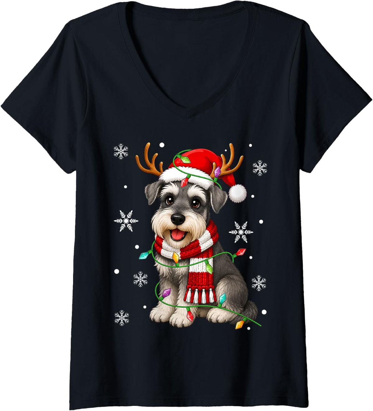 Women's Miniature Schnauzer Dog Christmas Lights Santa Hat Xmas V-Neck T-Shirt - Black