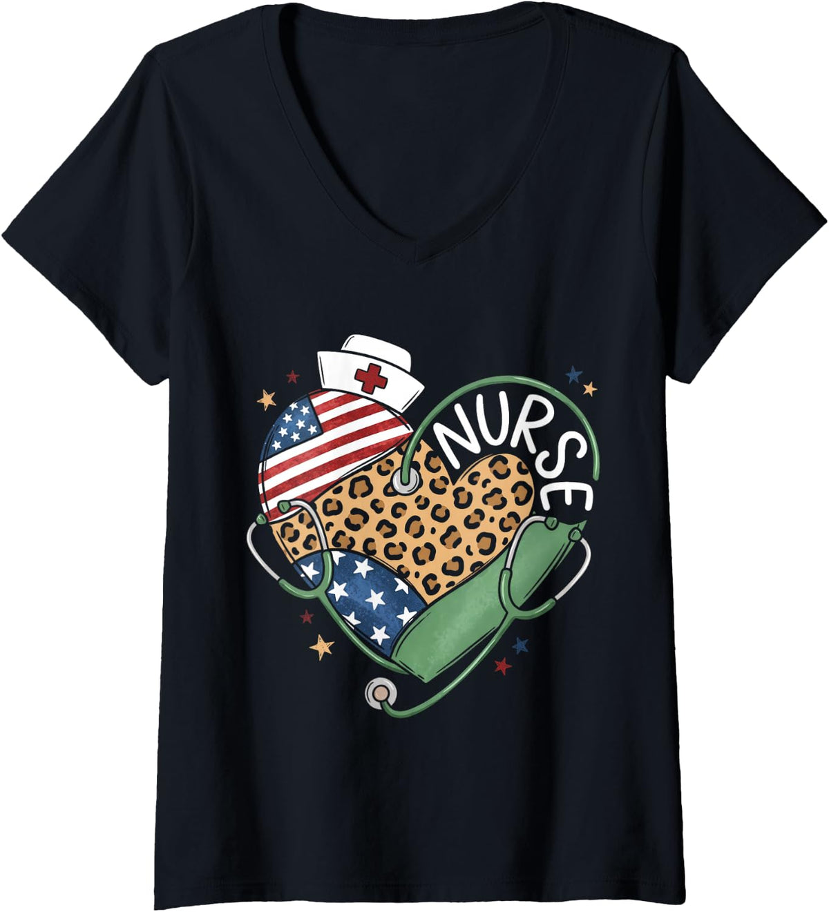 Women's Patriotic Nurse Leopard Heart American Flag Stethoscope V-Neck T-Shirt - Black