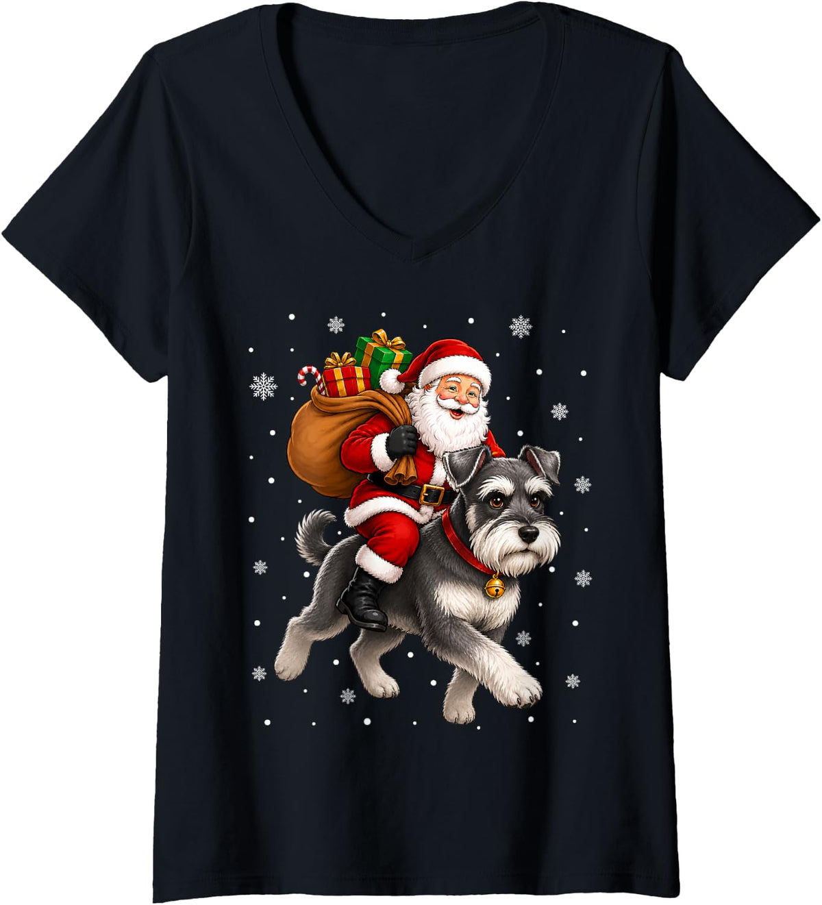 Women's Festive Funny Santa Riding Miniature Schnauzer Dog Christmas V-Neck T-Shirt - Black