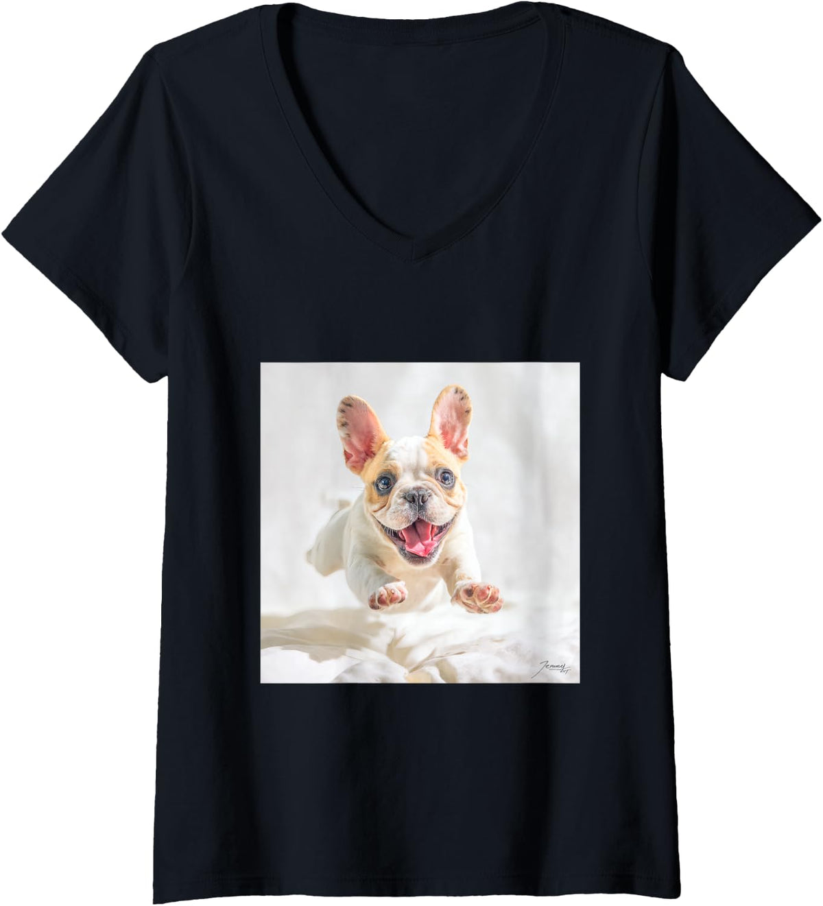 Women's Jumping French Cute Dog V-Neck T-Shirt - Black