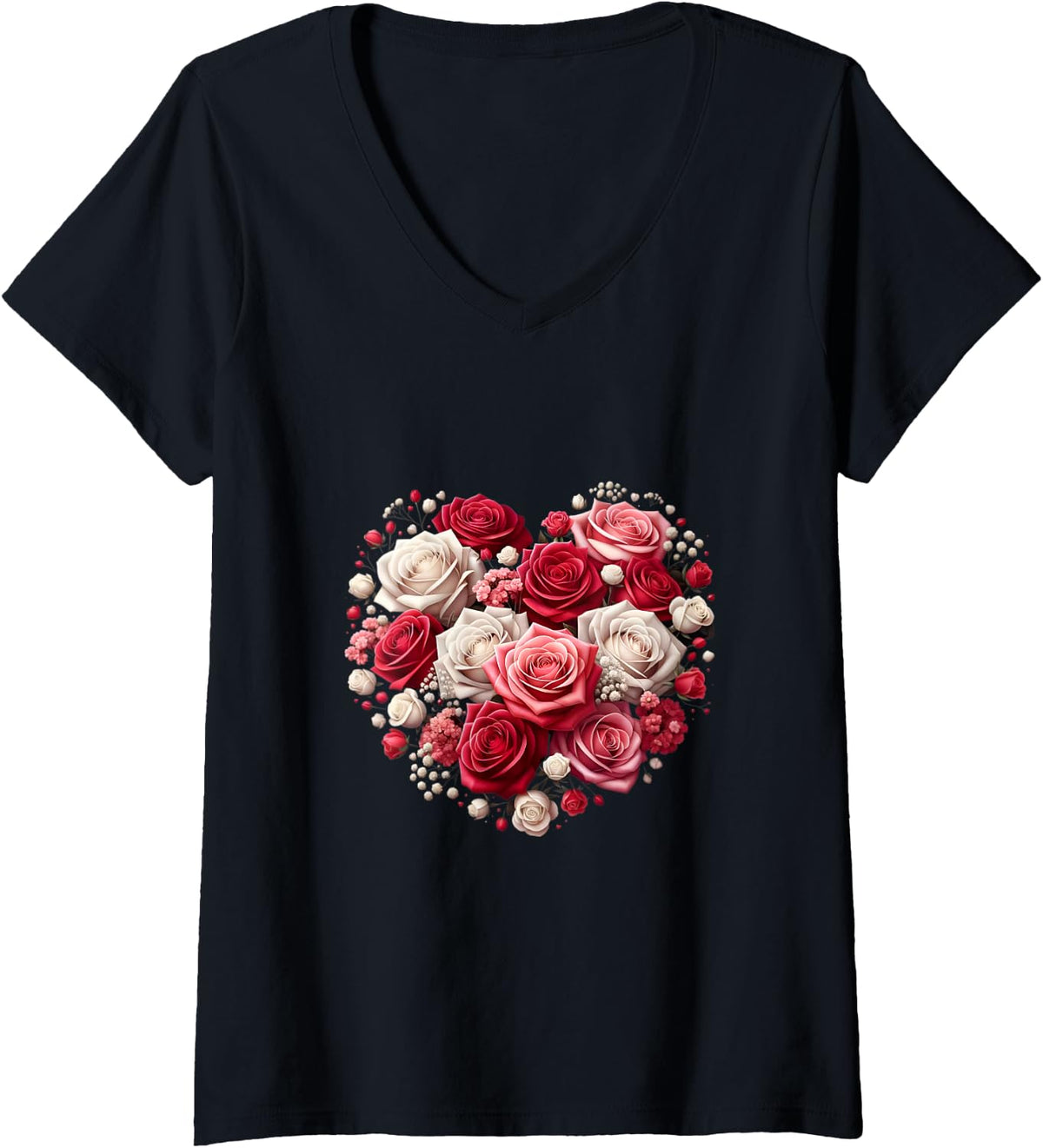 Womens Heart Of Roses Valentines Day Red Pink White Design V-Neck T-Shirt - Black