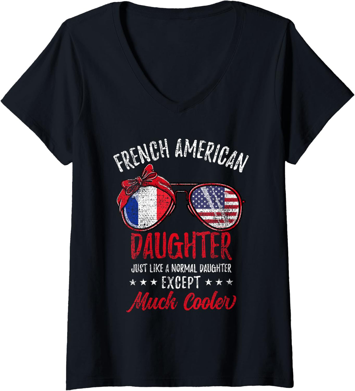 Women's French American Daughter Sunglasses French Roots Vintage V-Neck T-Shirt - Black